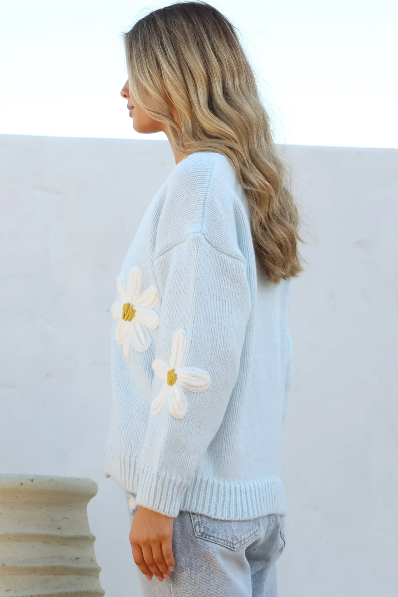 Daisy Belle Cardigan - Cropped Thick Knit Cardigan with Flower Decals in Baby Blue - Image 8