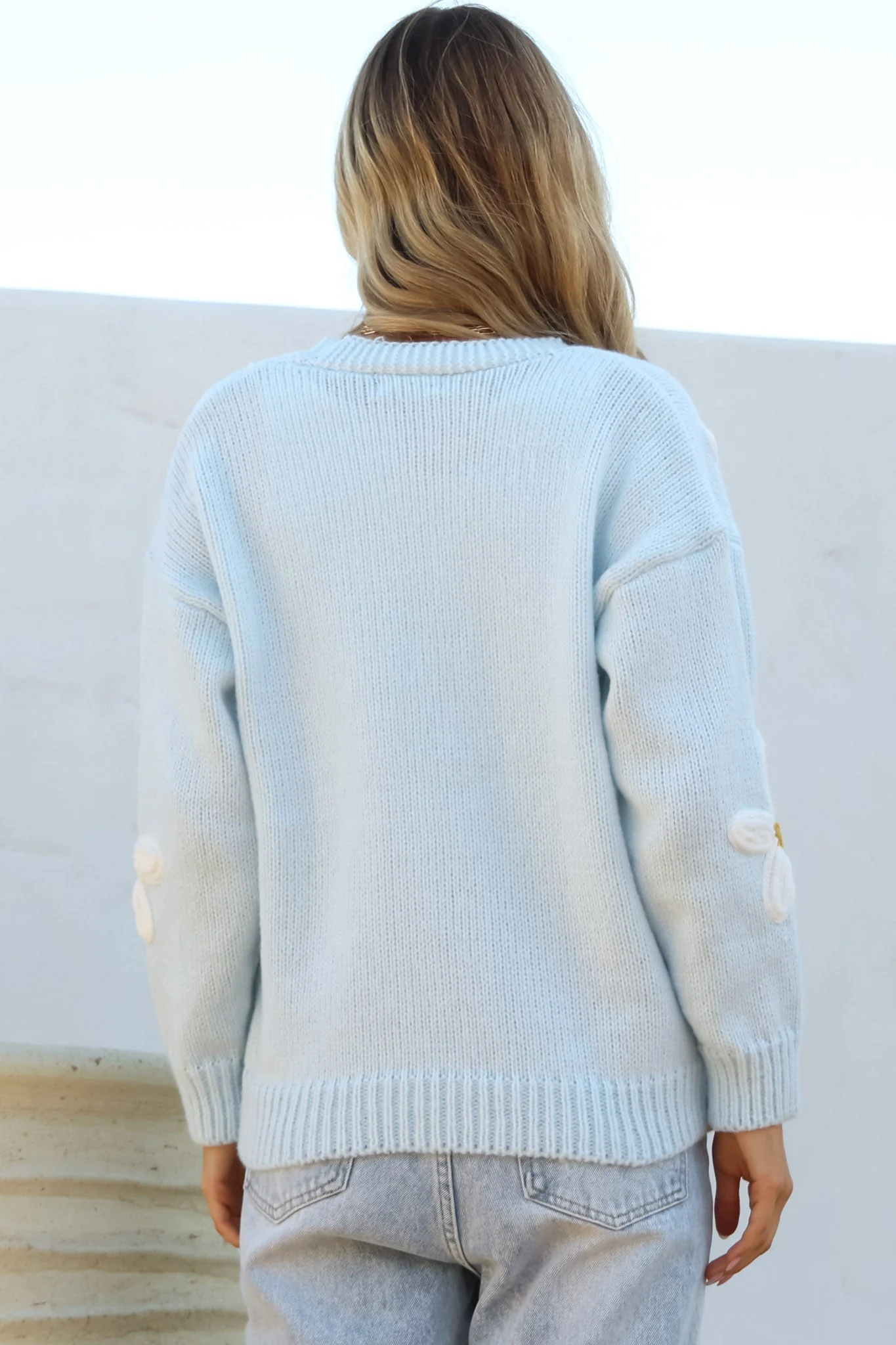 Daisy Belle Cardigan - Cropped Thick Knit Cardigan with Flower Decals in Baby Blue - Image 9
