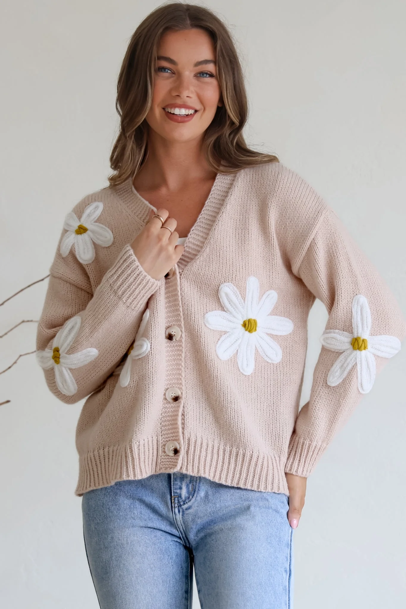Daisy Belle Cardigan - Cropped Thick Knit Cardigan with Flower Decals in Beige - Image 2