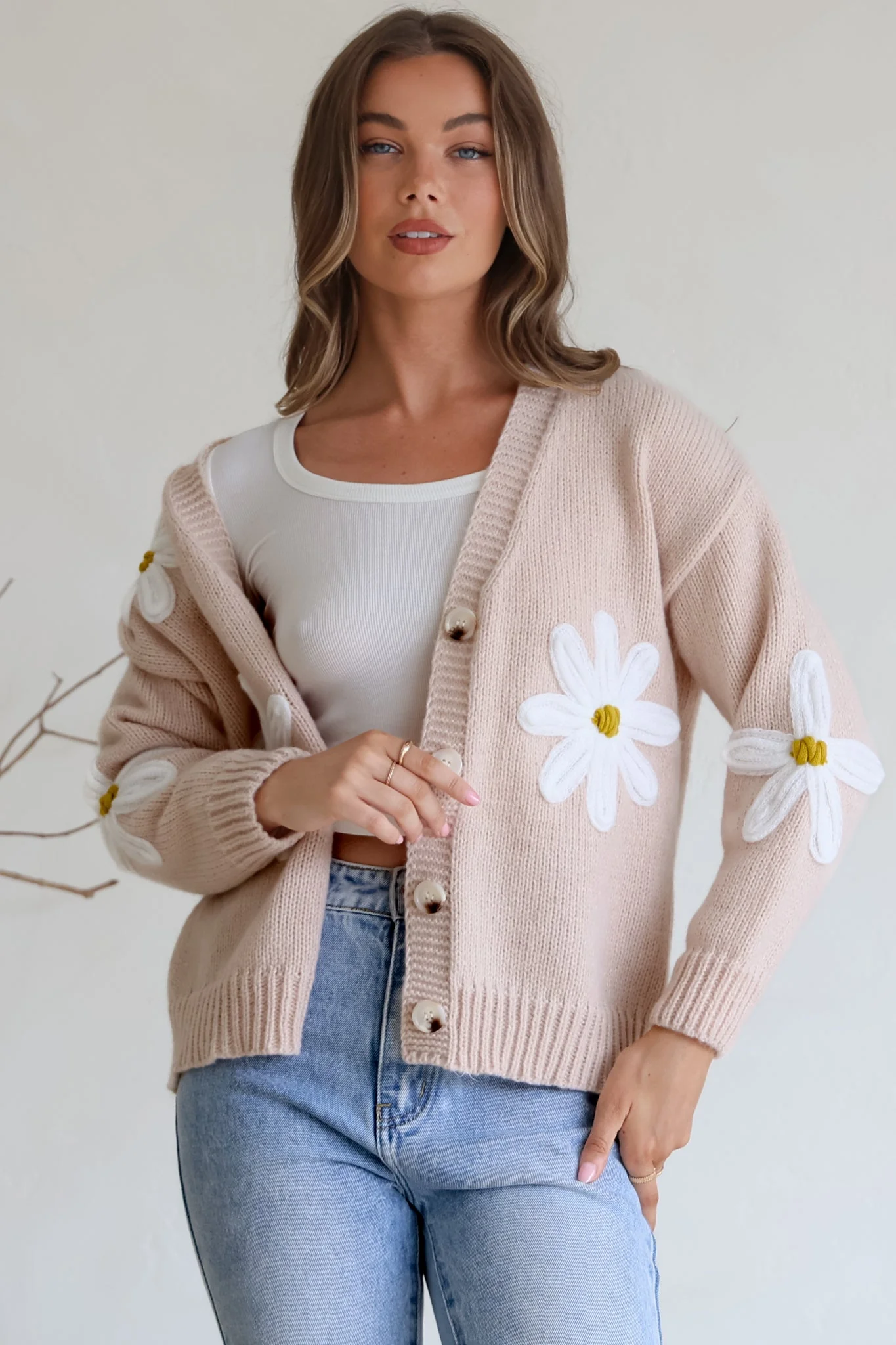 Daisy Belle Cardigan - Cropped Thick Knit Cardigan with Flower Decals in Beige - Image 3