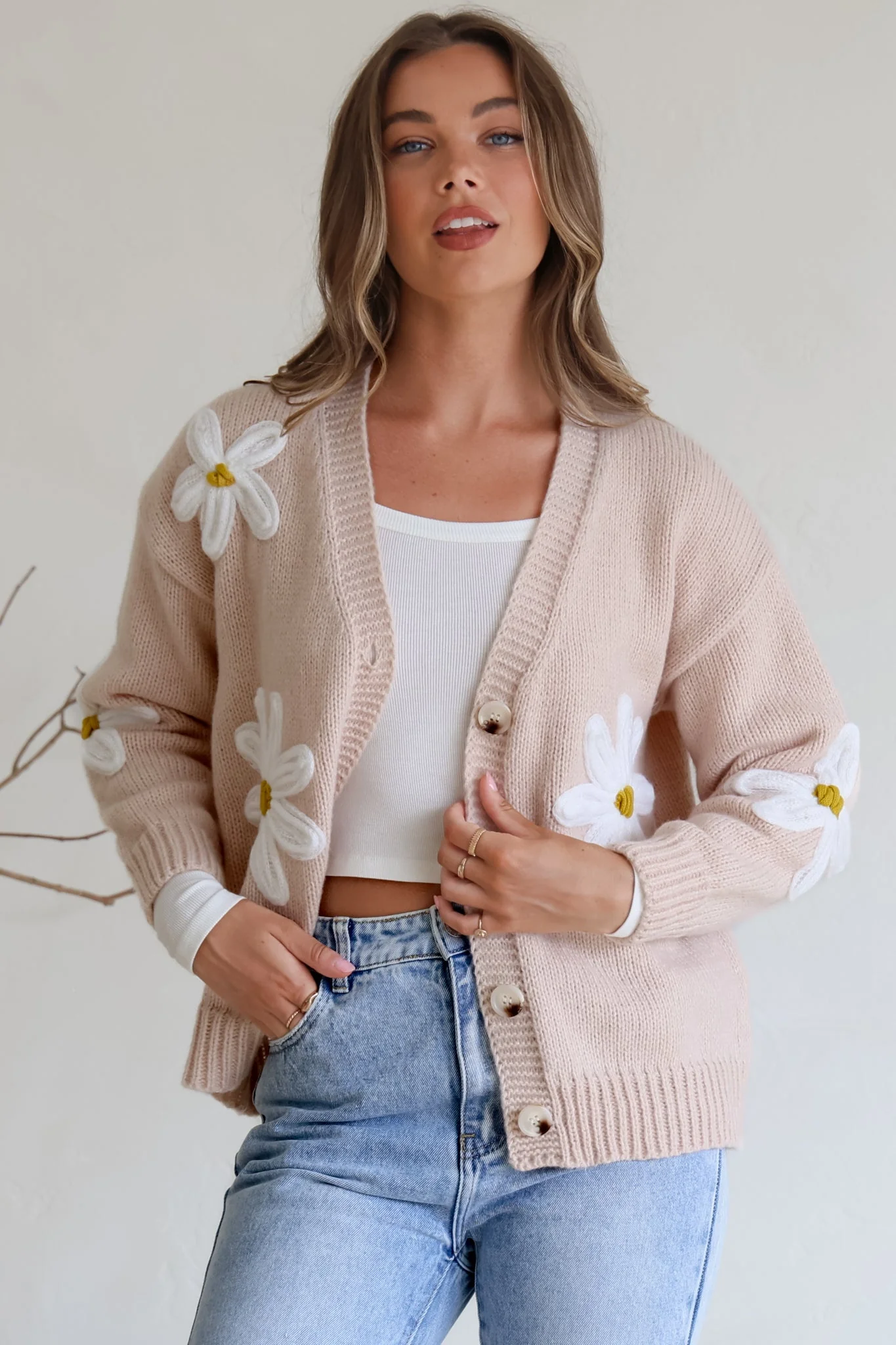Daisy Belle Cardigan - Cropped Thick Knit Cardigan with Flower Decals in Beige - Image 4