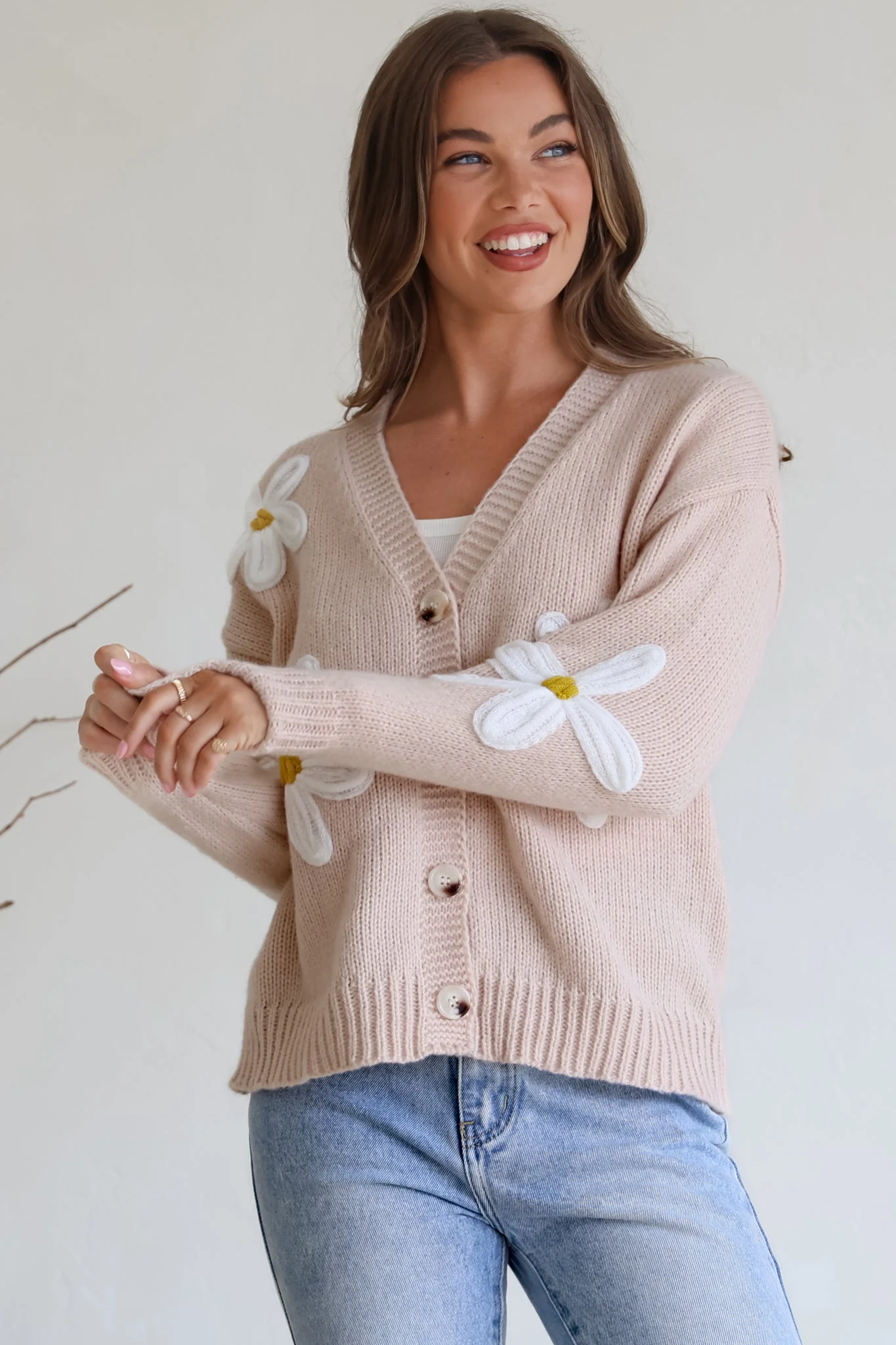Daisy Belle Cardigan - Cropped Thick Knit Cardigan with Flower Decals in Beige - Image 5