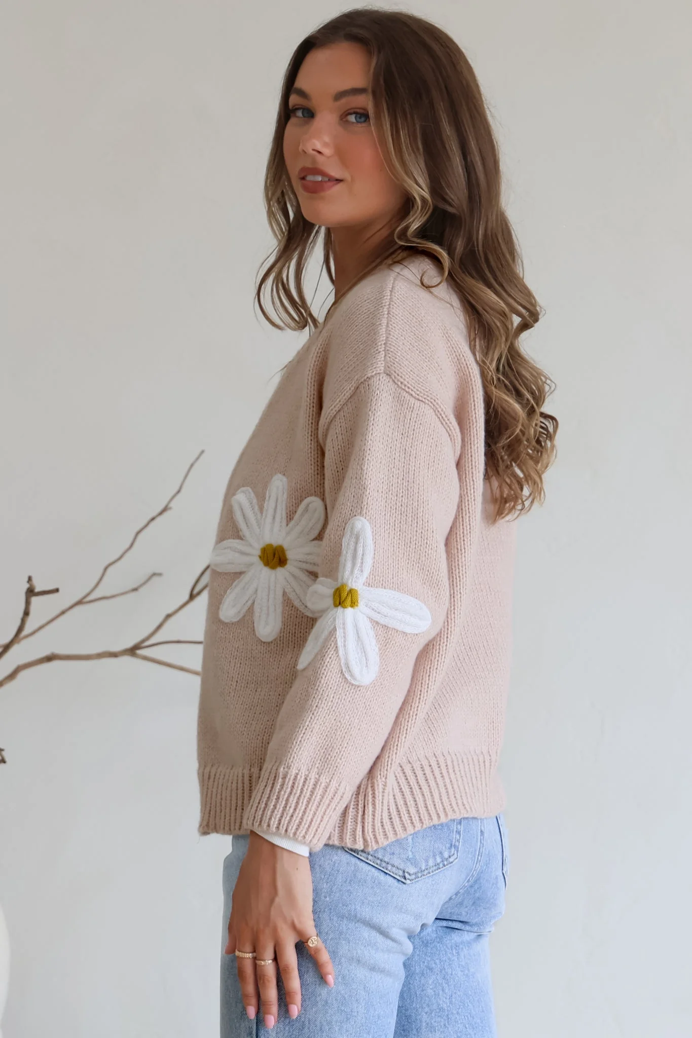 Daisy Belle Cardigan - Cropped Thick Knit Cardigan with Flower Decals in Beige - Image 7