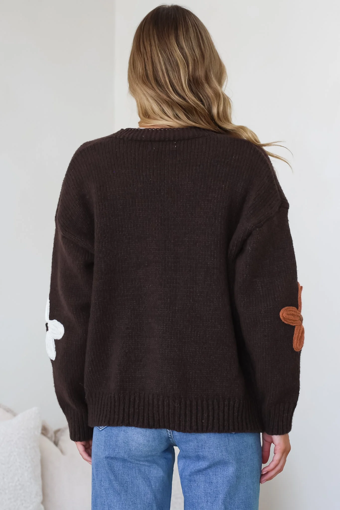 Daisy Belle Cardigan - Cropped Thick Knit Cardigan with Flower Decals in Chocolate Multi - Image 9