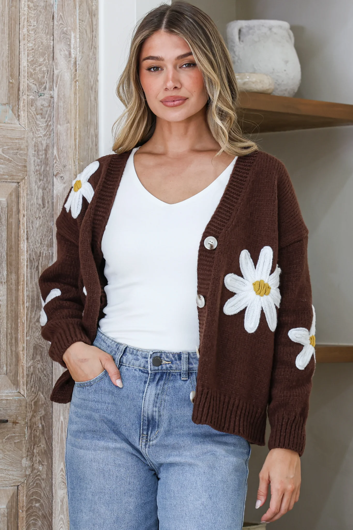 Daisy Belle Cardigan - Cropped Thick Knit Cardigan with Flower Decals in Coffee - Image 2