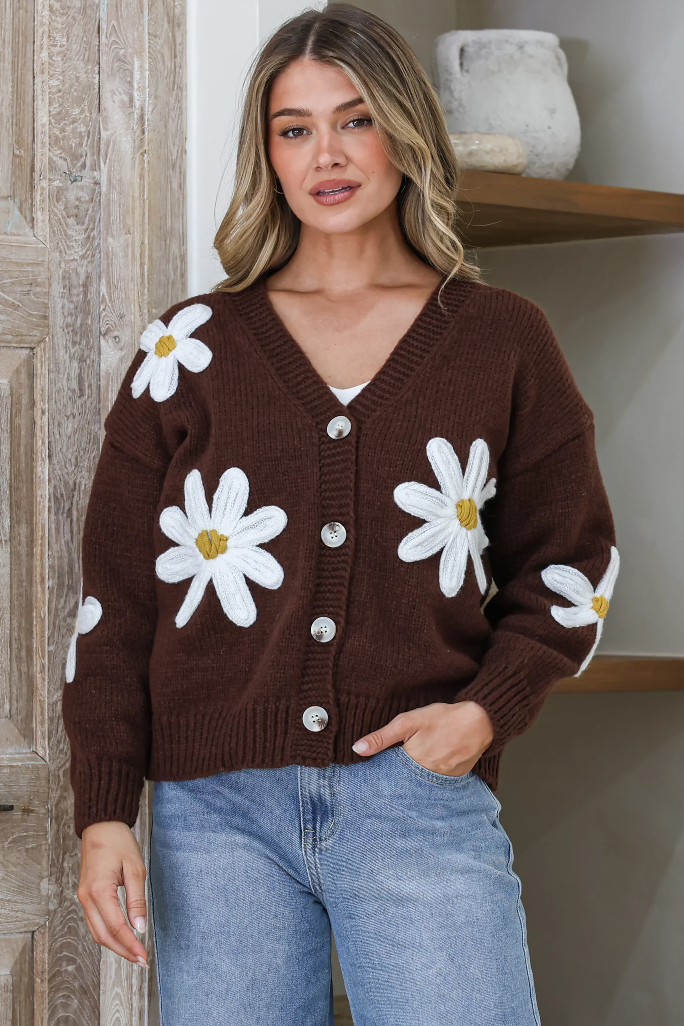 Daisy Belle Cardigan - Cropped Thick Knit Cardigan with Flower Decals in Coffee - Image 3