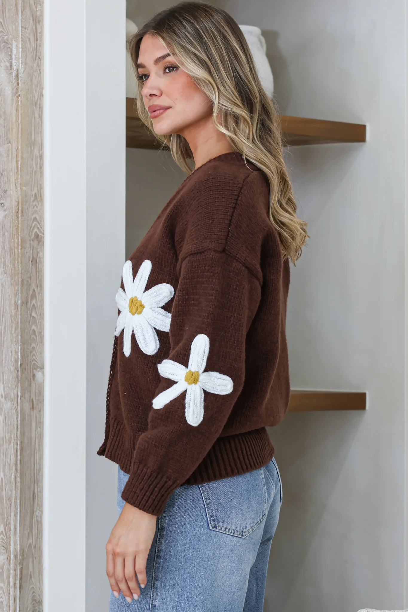 Daisy Belle Cardigan - Cropped Thick Knit Cardigan with Flower Decals in Coffee - Image 5