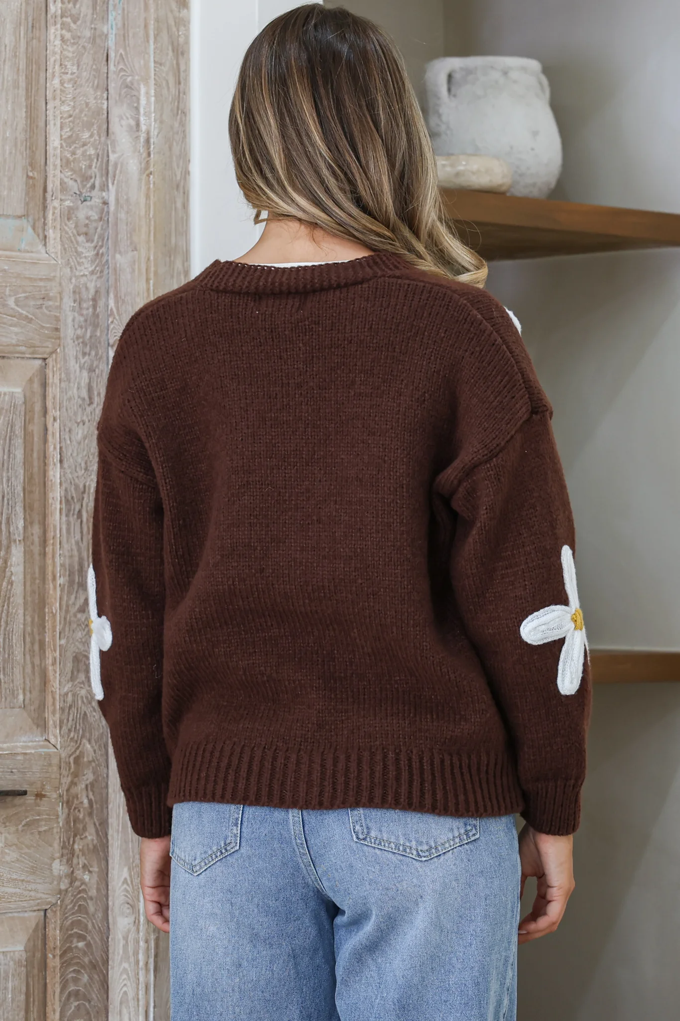Daisy Belle Cardigan - Cropped Thick Knit Cardigan with Flower Decals in Coffee - Image 6