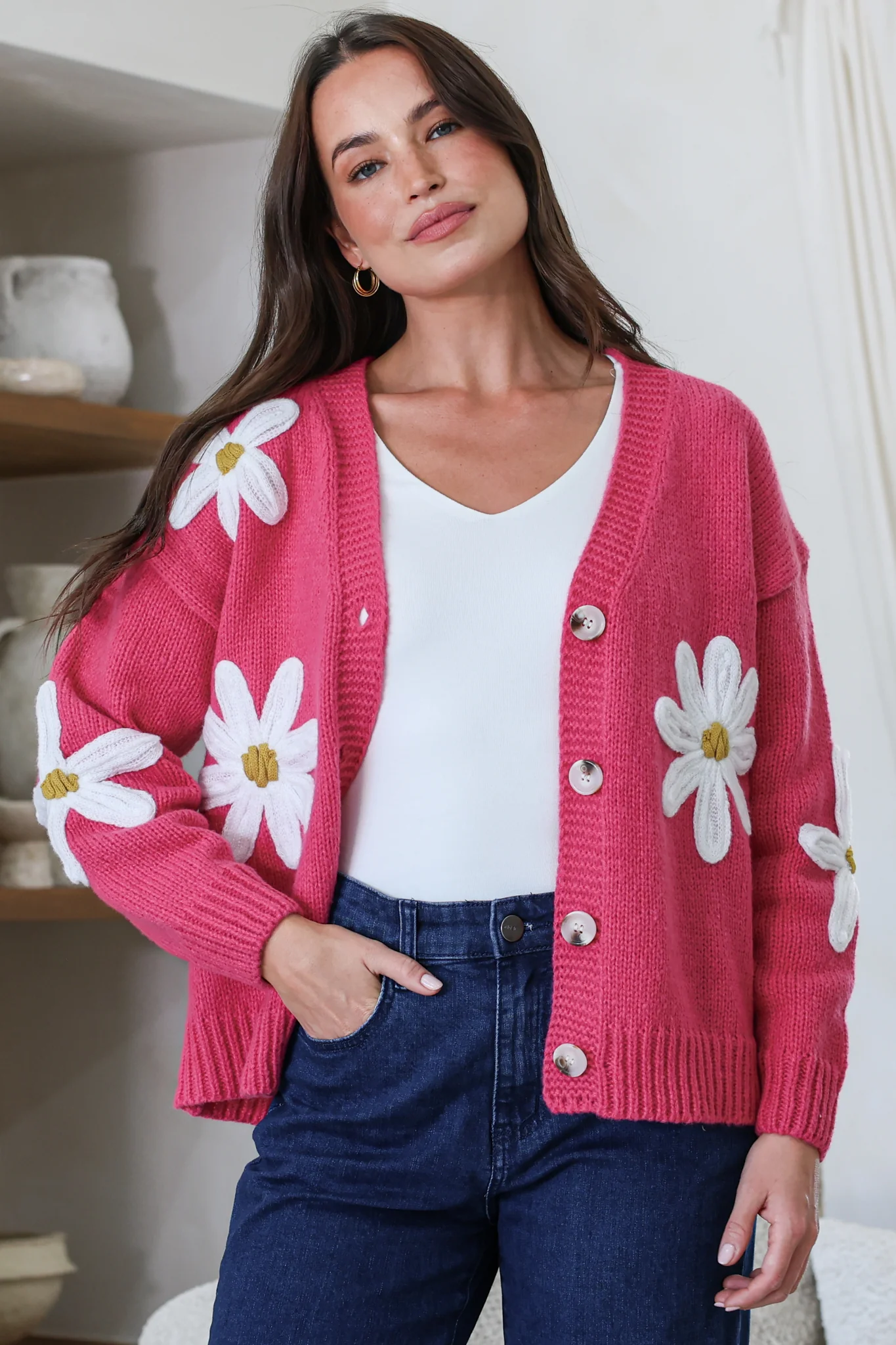 Daisy Belle Cardigan - Cropped Thick Knit Cardigan with Flower Decals in Hot Pink - Image 2