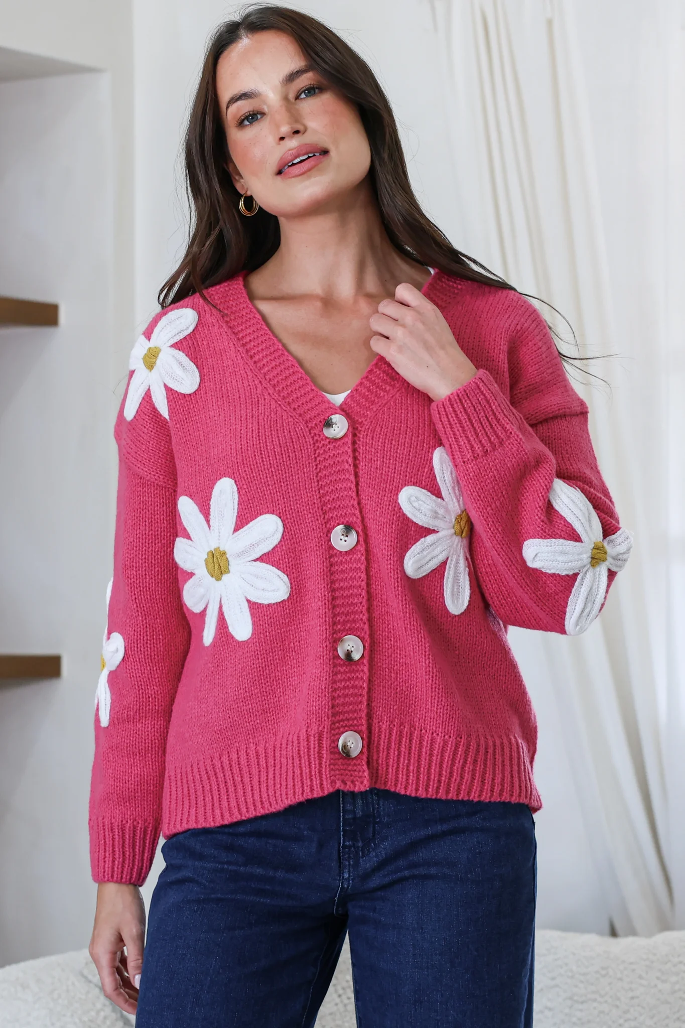 Daisy Belle Cardigan - Cropped Thick Knit Cardigan with Flower Decals in Hot Pink - Image 3