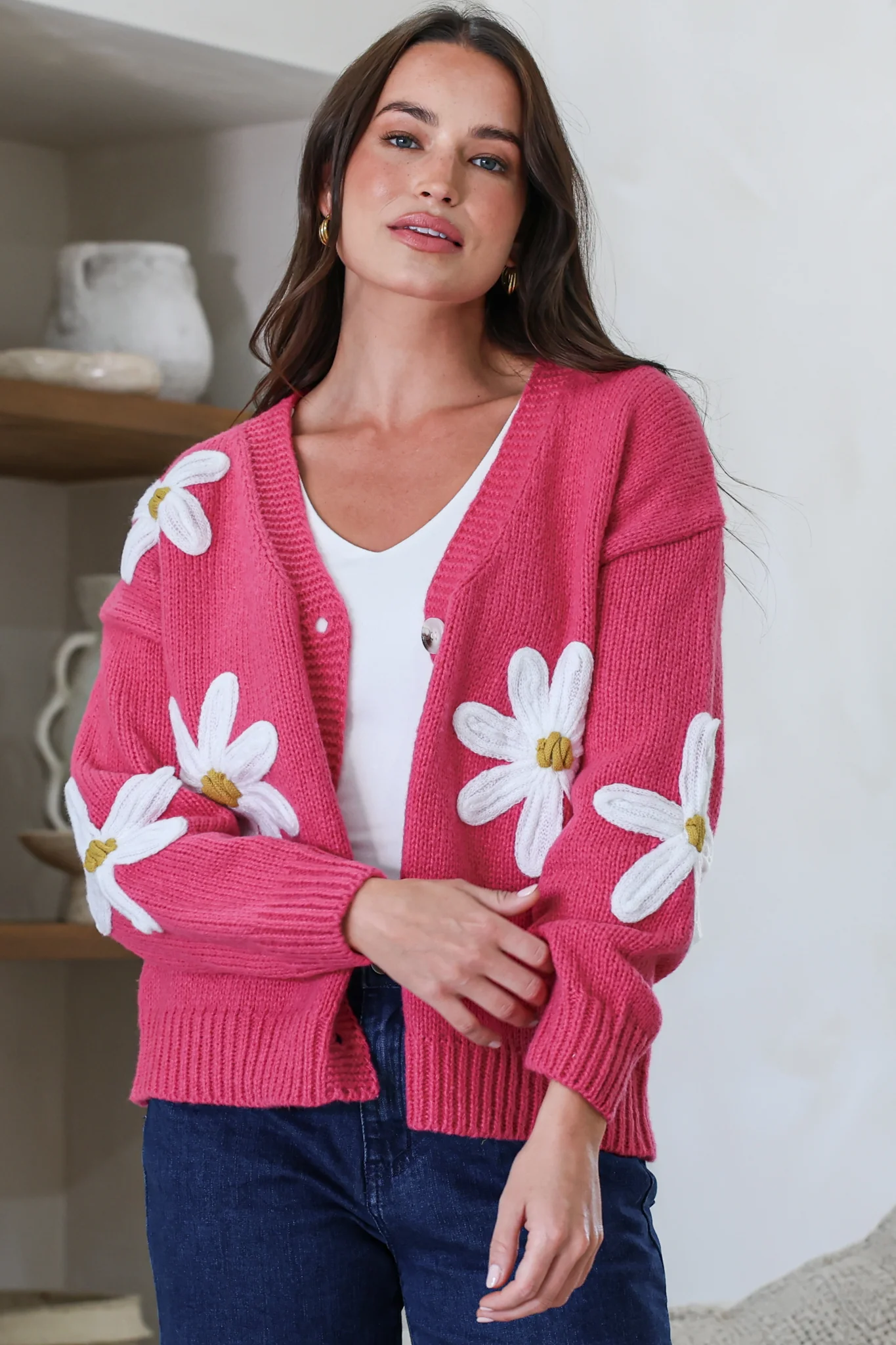 Daisy Belle Cardigan - Cropped Thick Knit Cardigan with Flower Decals in Hot Pink - Image 4