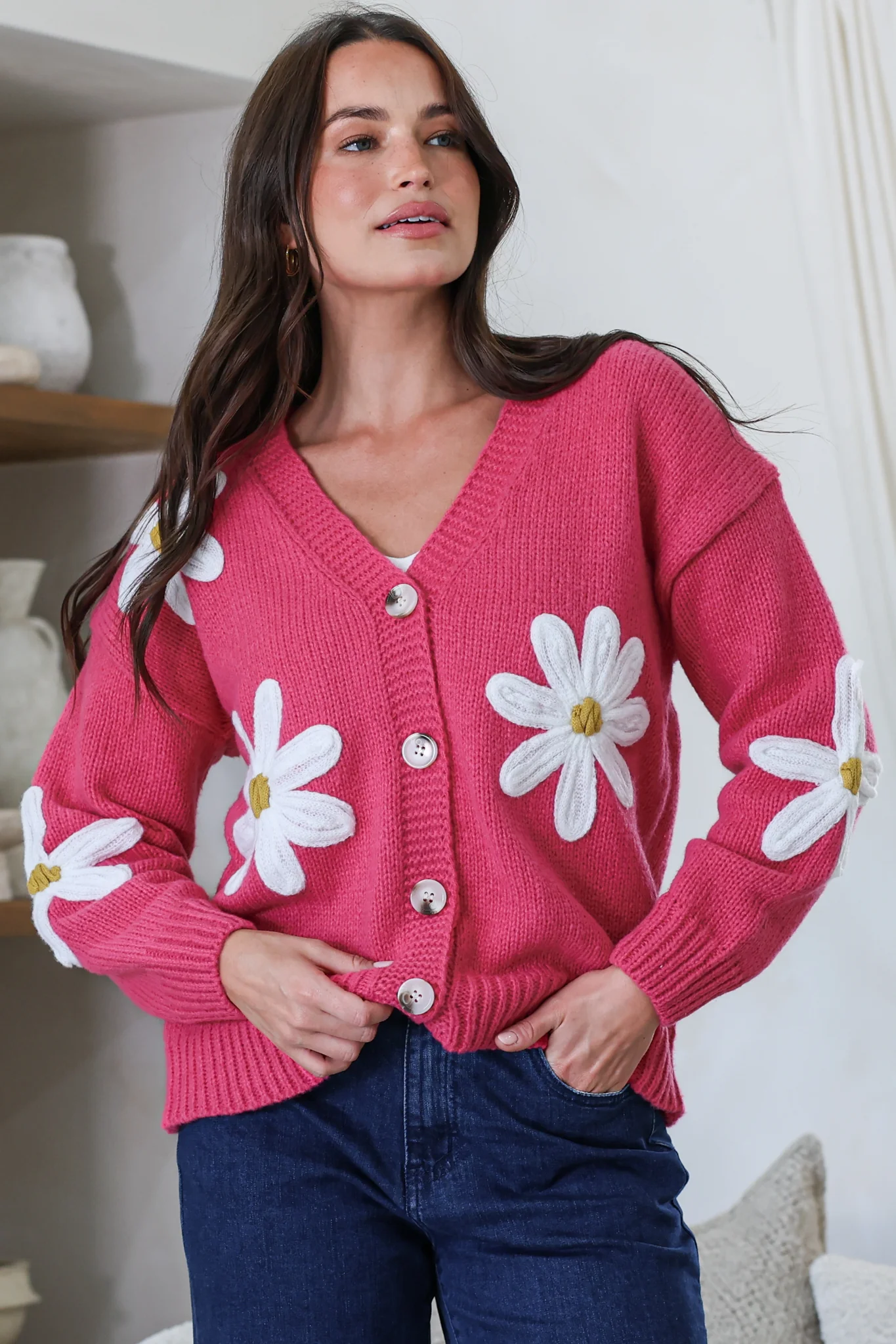 Daisy Belle Cardigan - Cropped Thick Knit Cardigan with Flower Decals in Hot Pink - Image 5