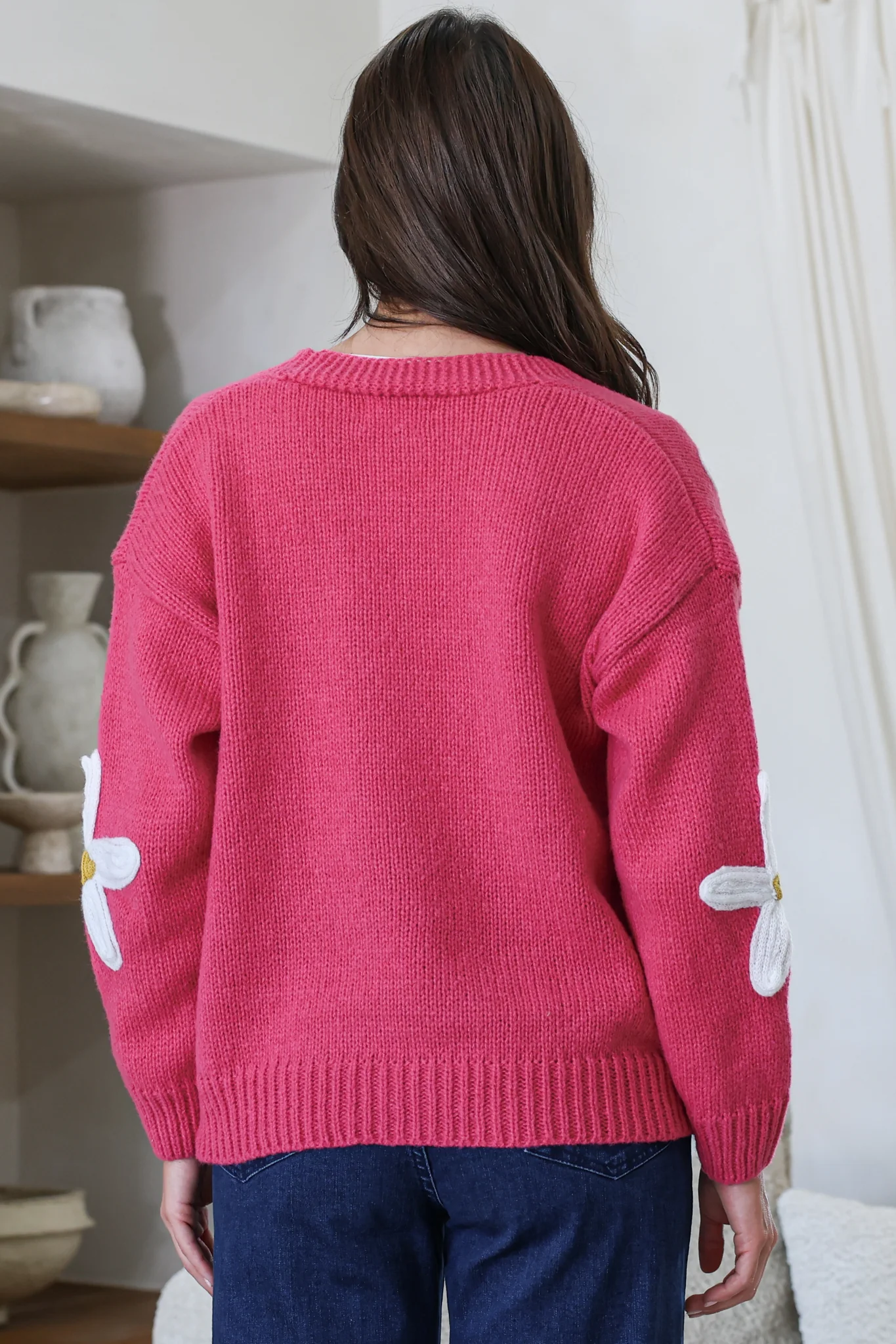 Daisy Belle Cardigan - Cropped Thick Knit Cardigan with Flower Decals in Hot Pink - Image 7