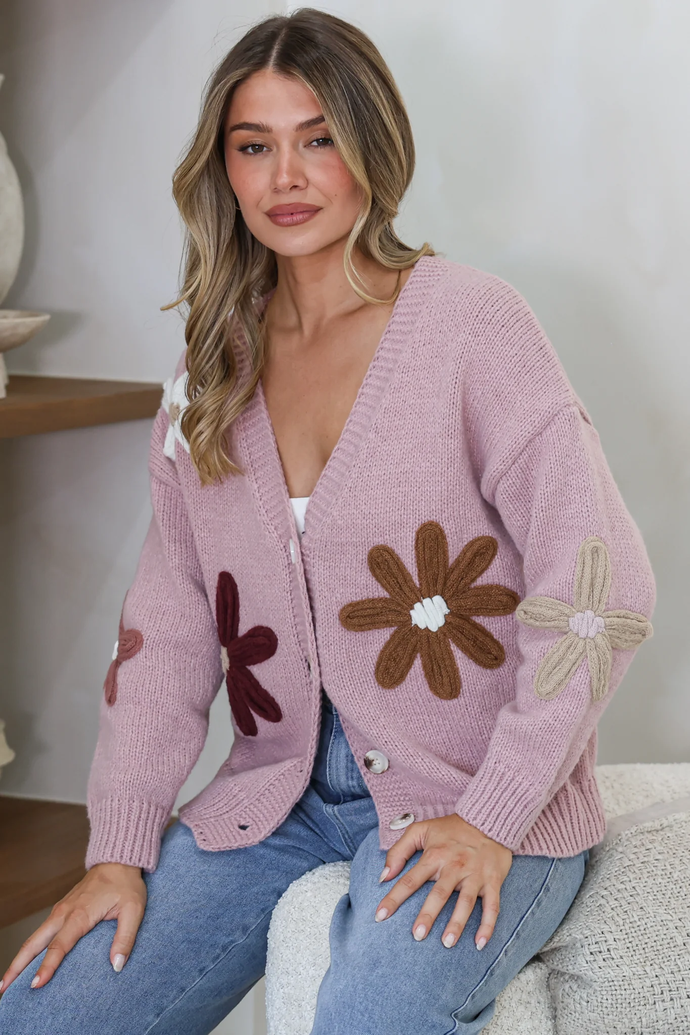 Daisy Belle Cardigan - Cropped Thick Knit Cardigan with Flower Decals in Light Mauve - Image 2