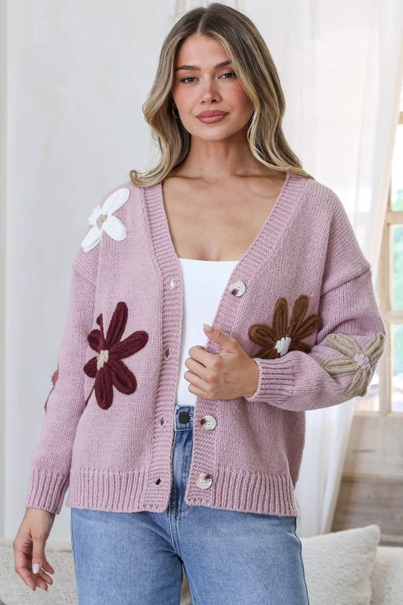 Daisy Belle Cardigan - Cropped Thick Knit Cardigan with Flower Decals in Light Mauve - Image 3