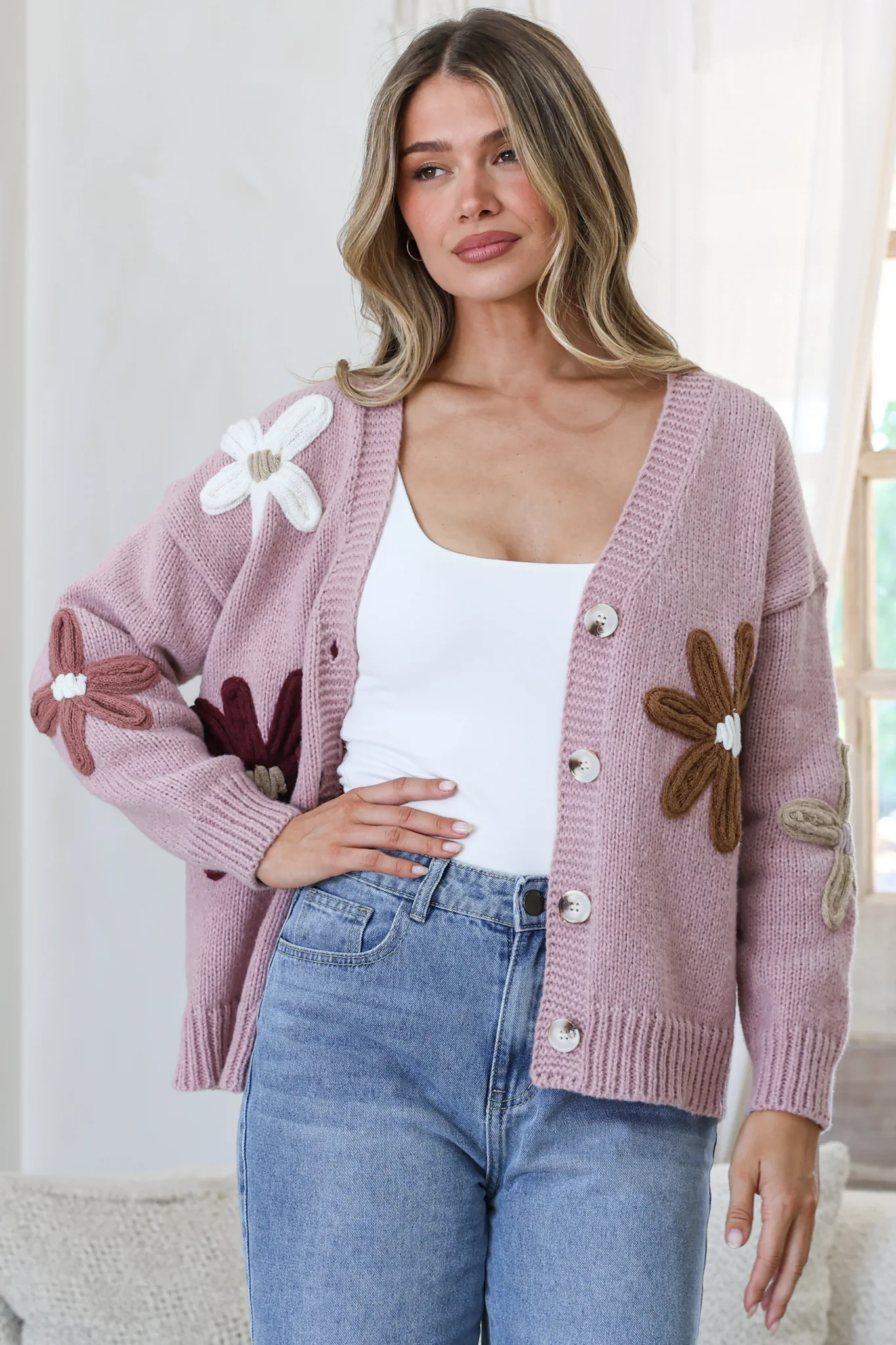 Daisy Belle Cardigan - Cropped Thick Knit Cardigan with Flower Decals in Light Mauve - Image 4