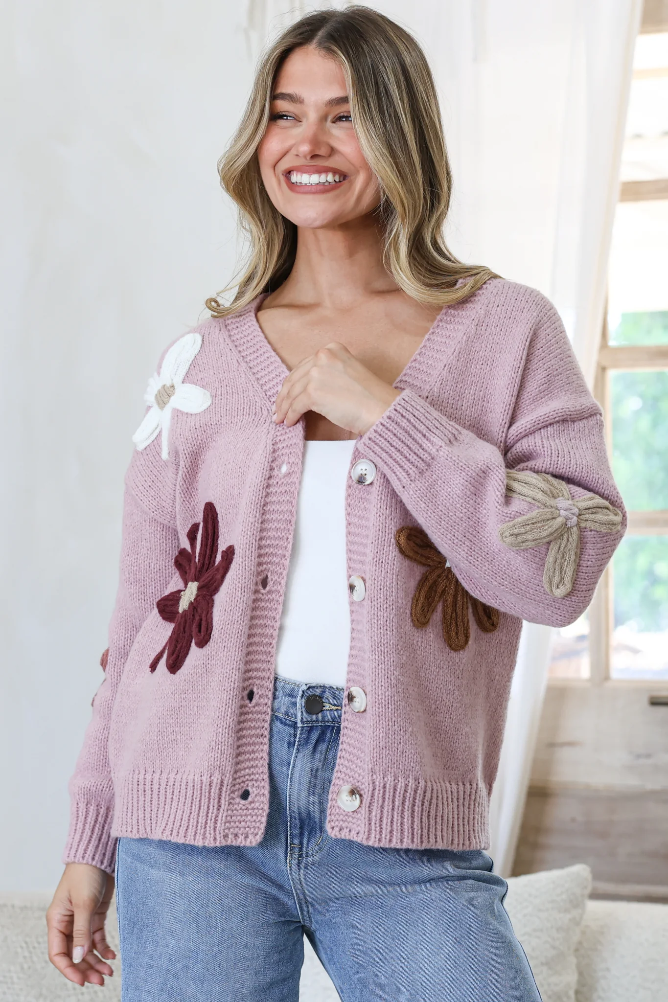 Daisy Belle Cardigan - Cropped Thick Knit Cardigan with Flower Decals in Light Mauve - Image 5