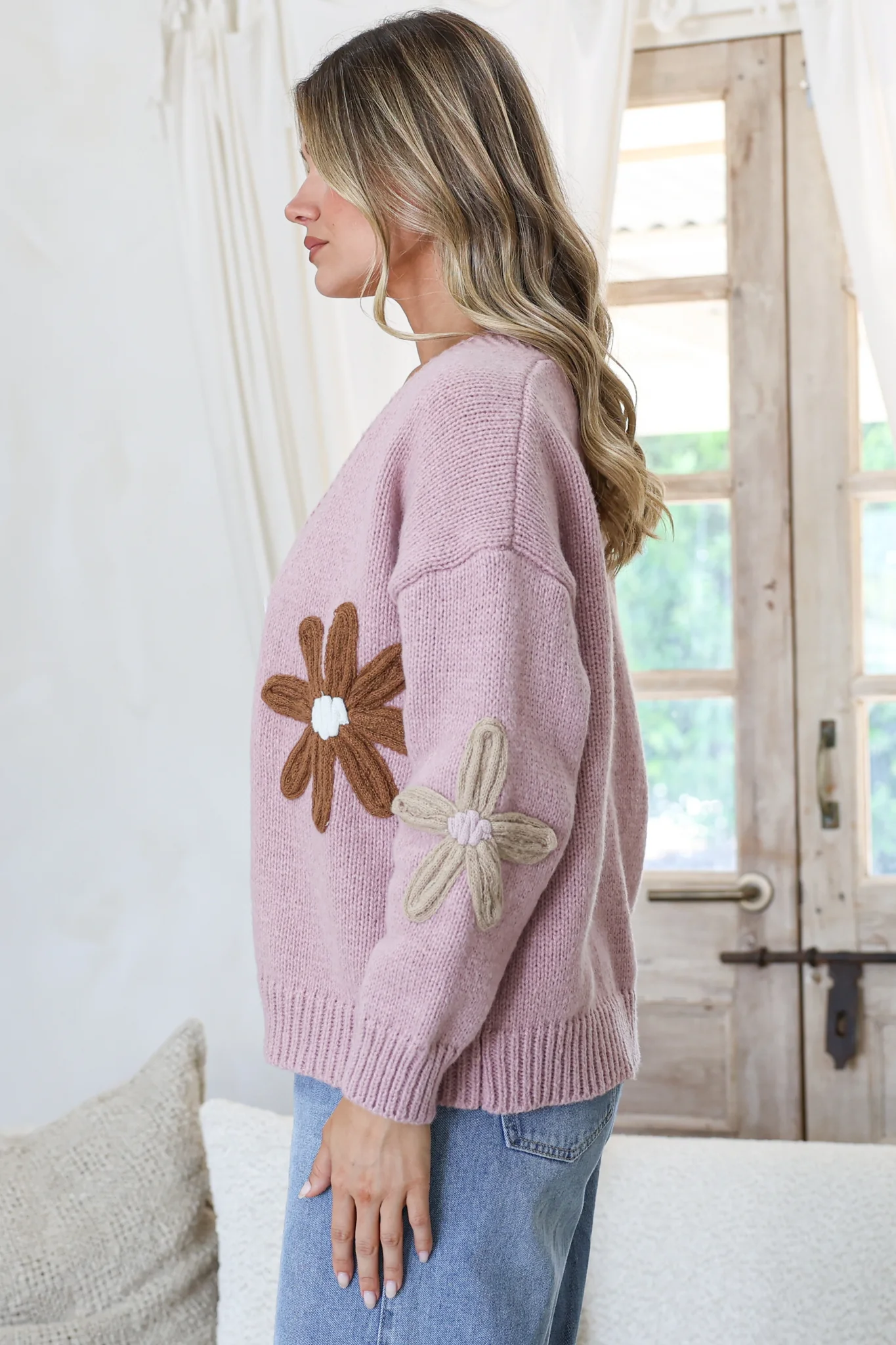 Daisy Belle Cardigan - Cropped Thick Knit Cardigan with Flower Decals in Light Mauve - Image 6