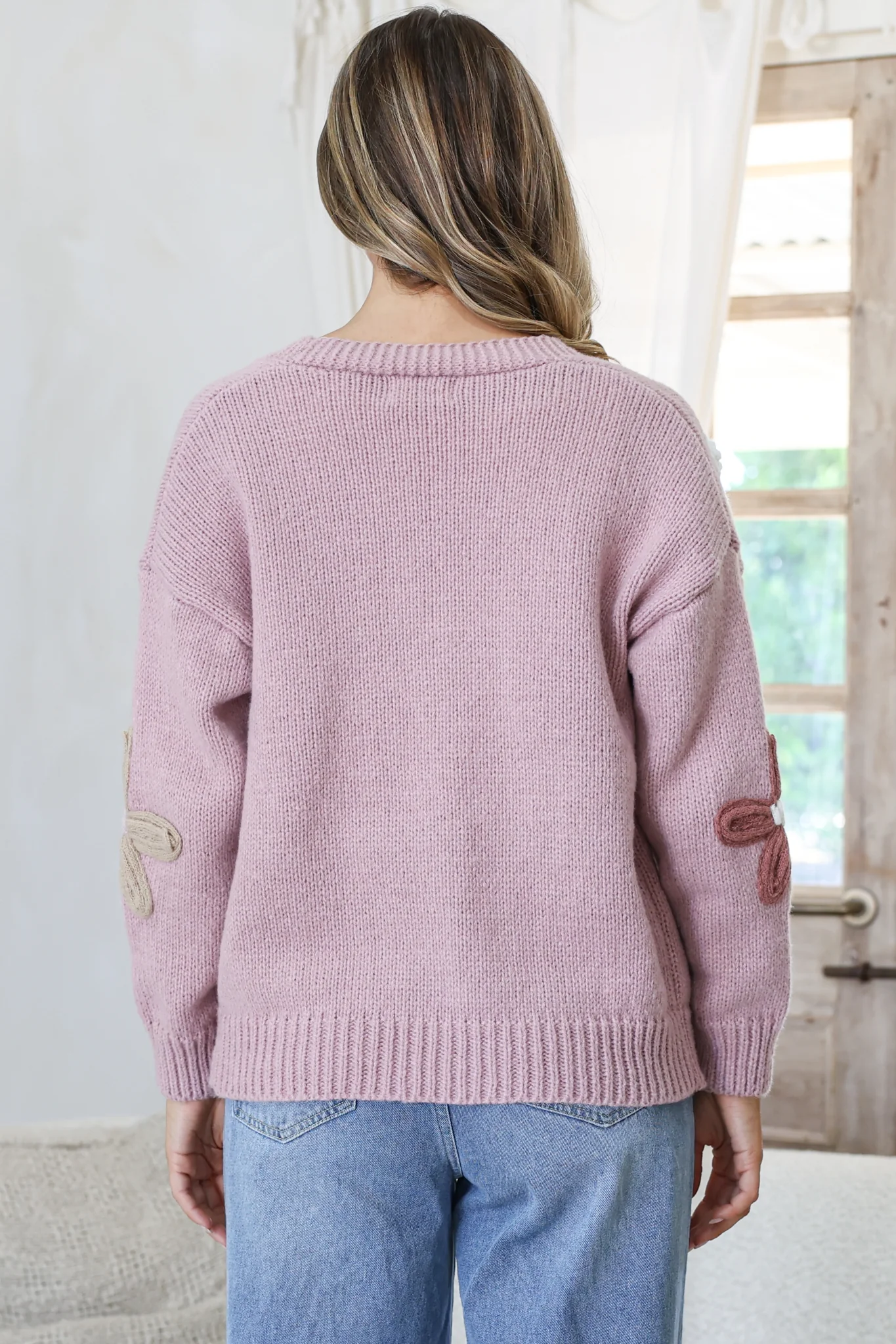 Daisy Belle Cardigan - Cropped Thick Knit Cardigan with Flower Decals in Light Mauve - Image 7