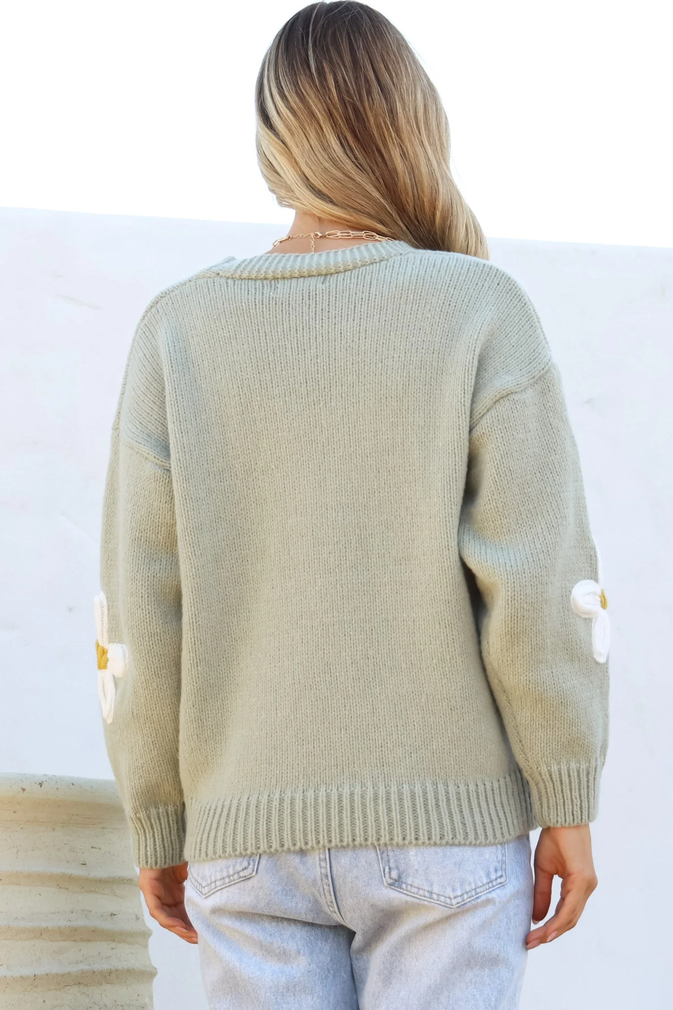 Daisy Belle Cardigan - Cropped Thick Knit Cardigan with Flower Decals in Sage - Image 11