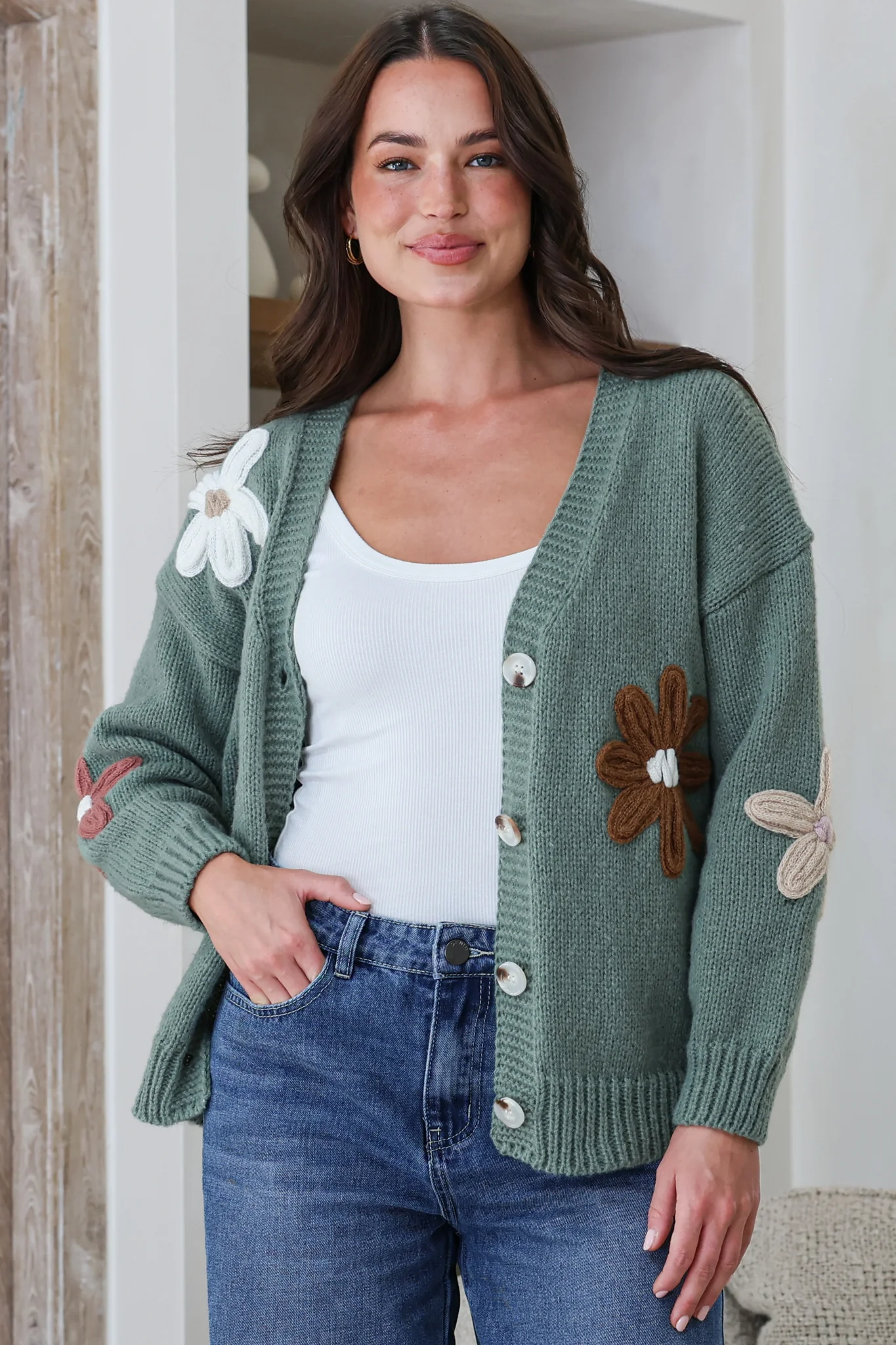 Daisy Belle Cardigan - Cropped Thick Knit Cardigan with Flower Decals in Teal - Image 2