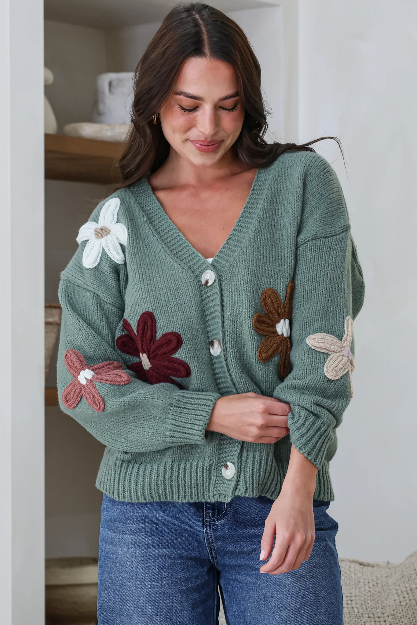 Daisy Belle Cardigan - Cropped Thick Knit Cardigan with Flower Decals in Teal - Image 3
