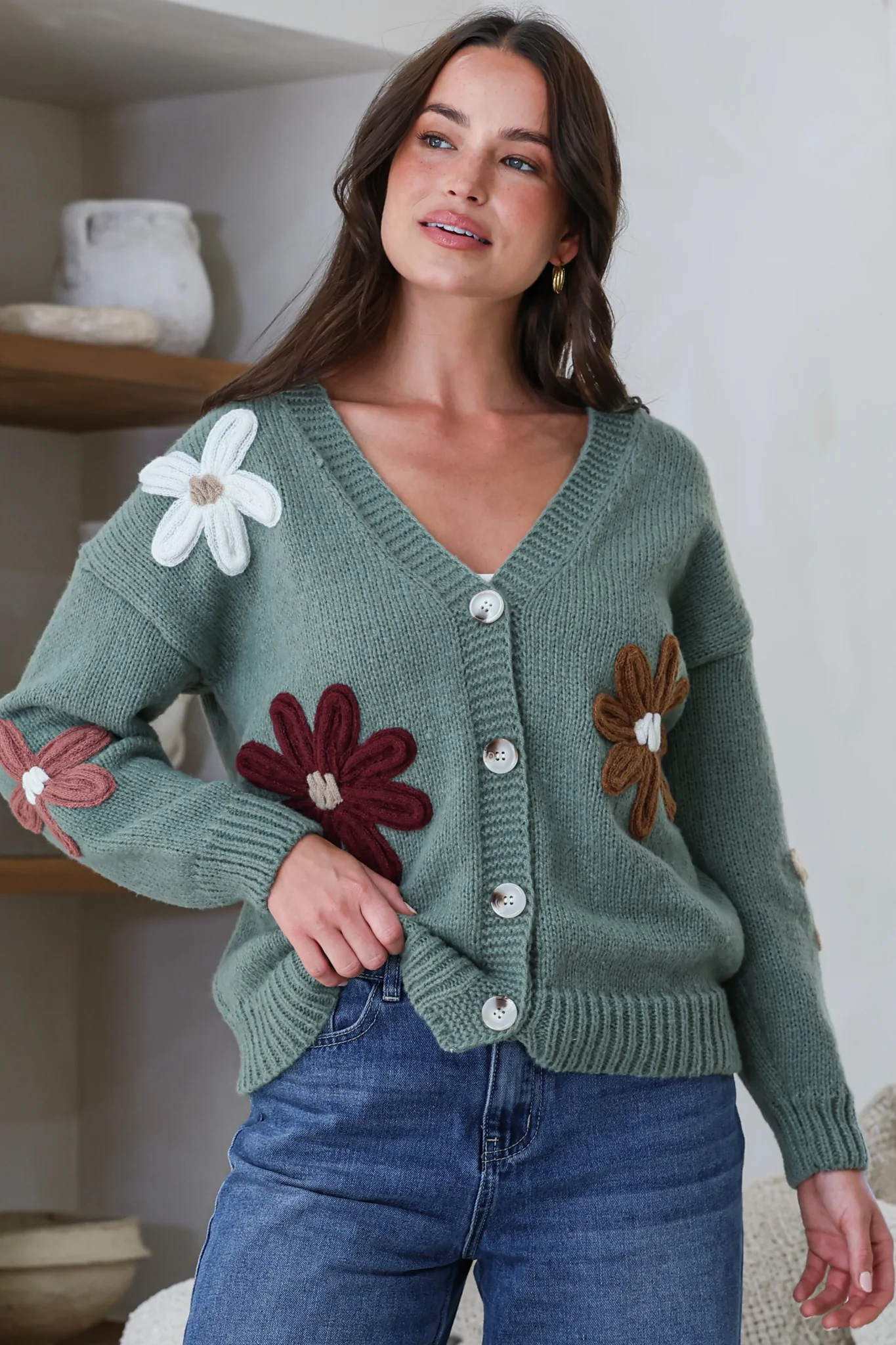 Daisy Belle Cardigan - Cropped Thick Knit Cardigan with Flower Decals in Teal - Image 5