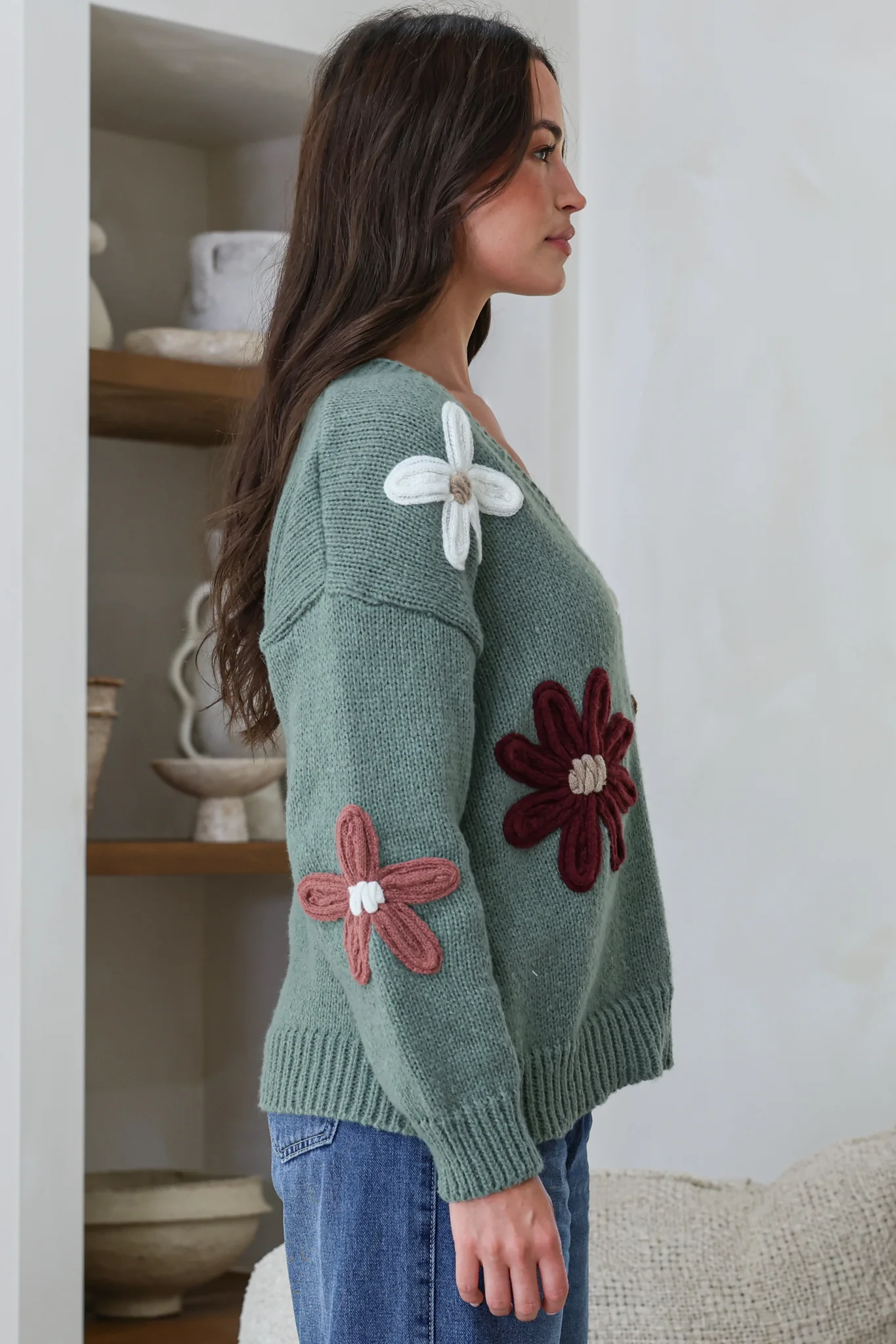 Daisy Belle Cardigan - Cropped Thick Knit Cardigan with Flower Decals in Teal - Image 6