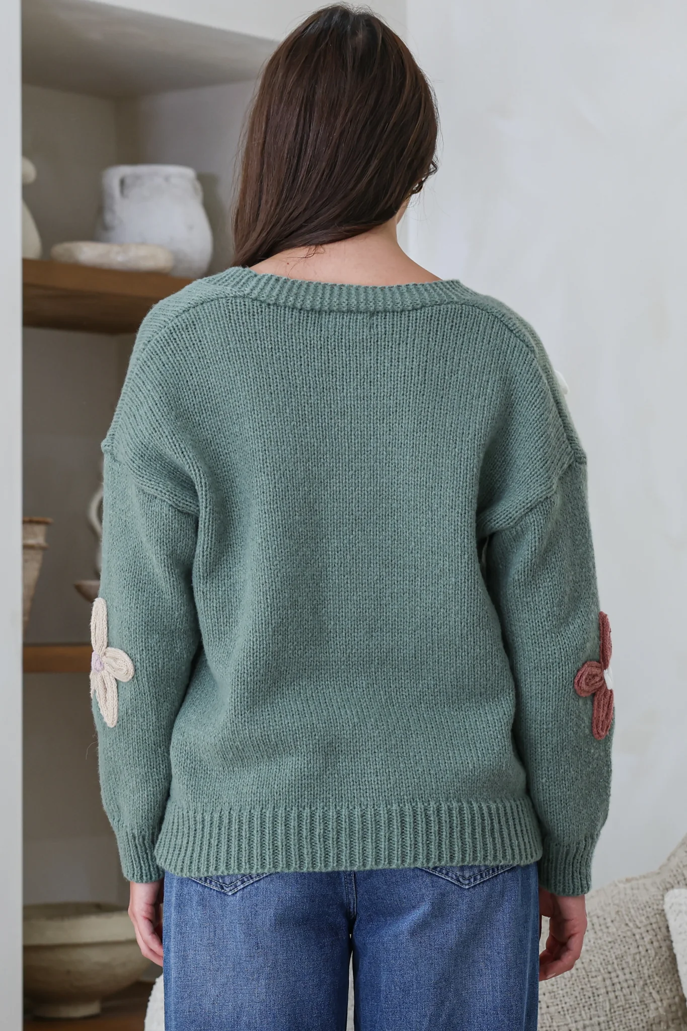 Daisy Belle Cardigan - Cropped Thick Knit Cardigan with Flower Decals in Teal - Image 7