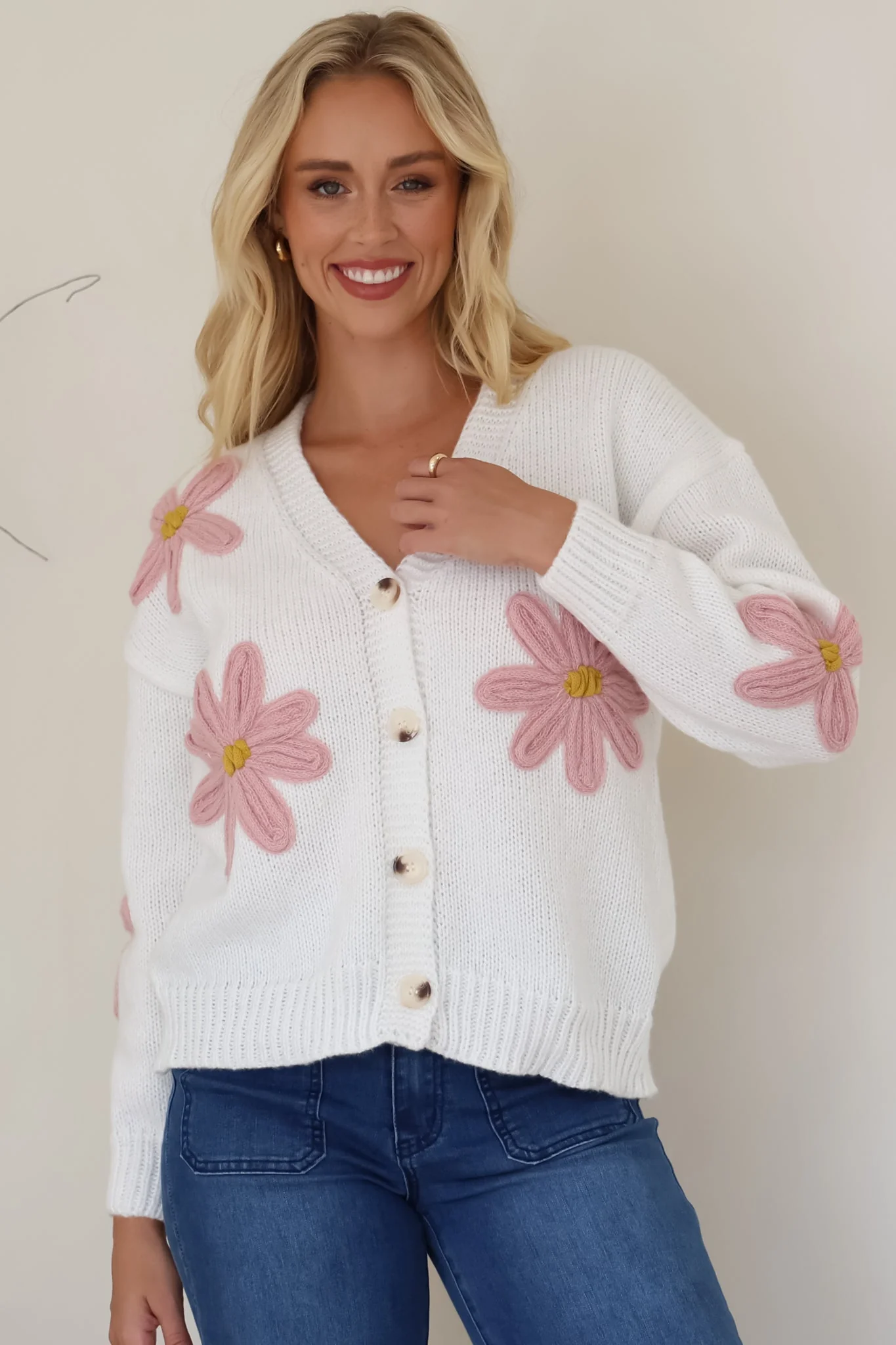 Daisy Belle Cardigan - Cropped Thick Knit Cardigan with Flower Decals in White - Image 3