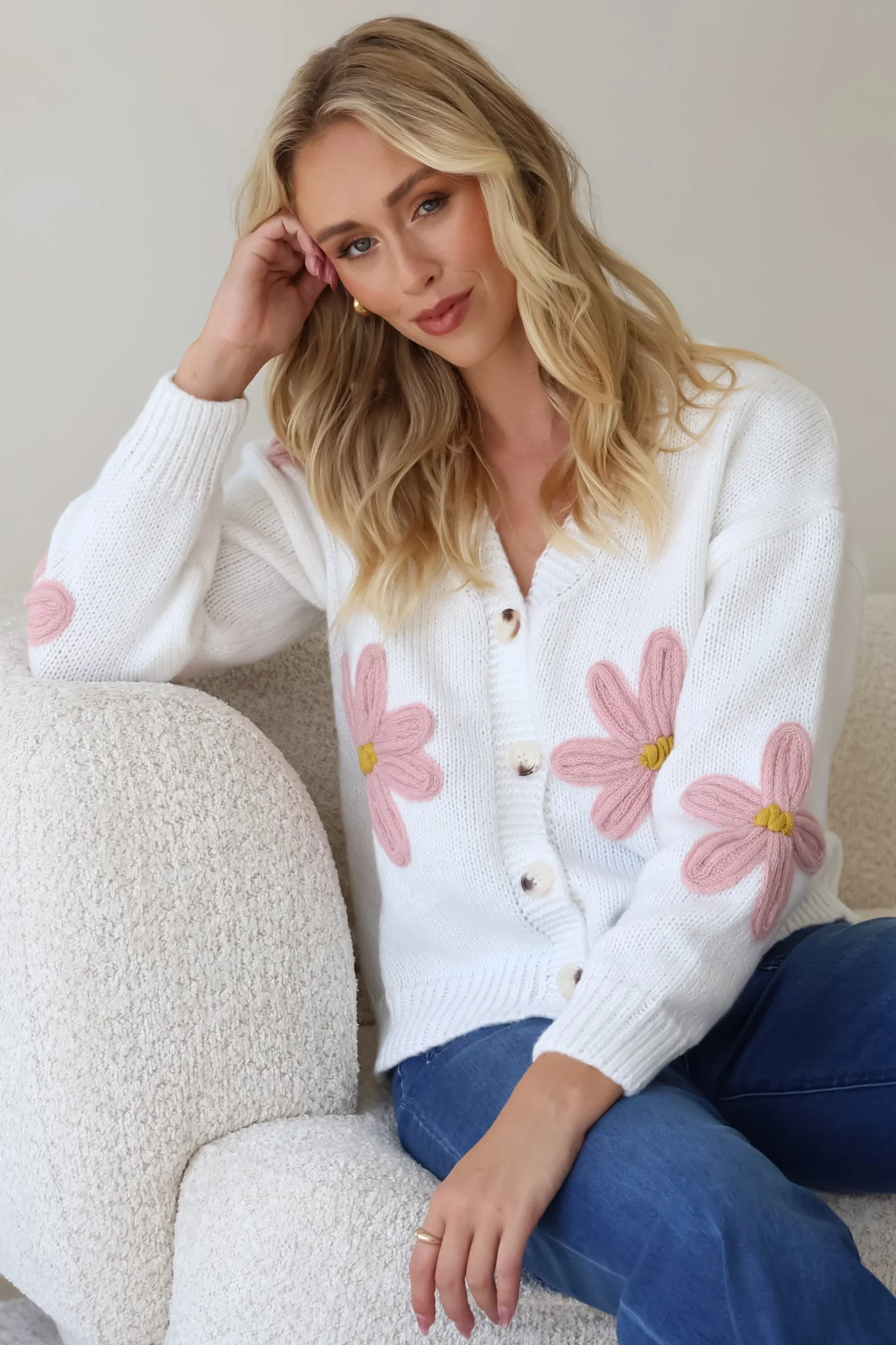 Daisy Belle Cardigan - Cropped Thick Knit Cardigan with Flower Decals in White - Image 4