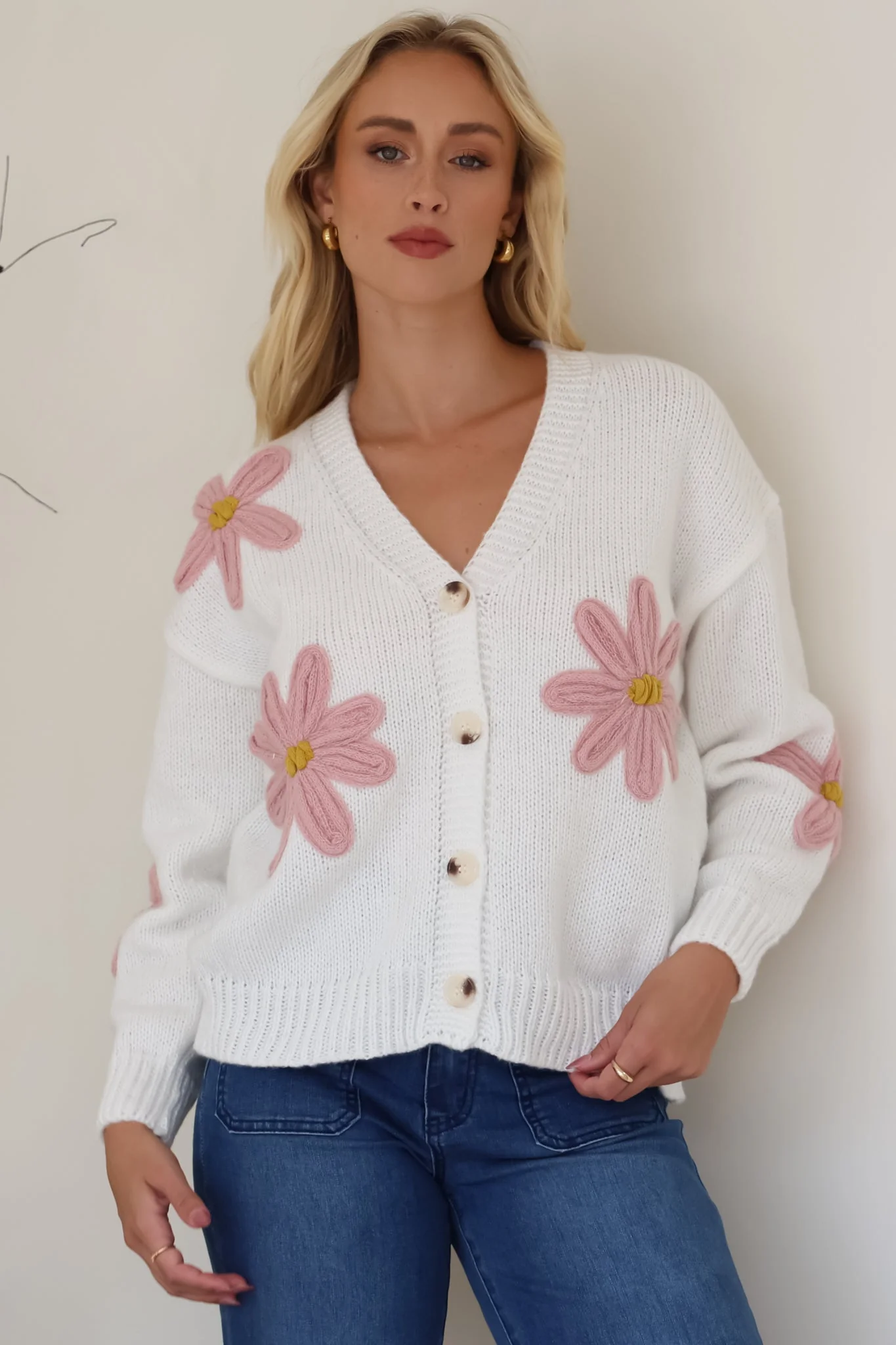 Daisy Belle Cardigan - Cropped Thick Knit Cardigan with Flower Decals in White - Image 5