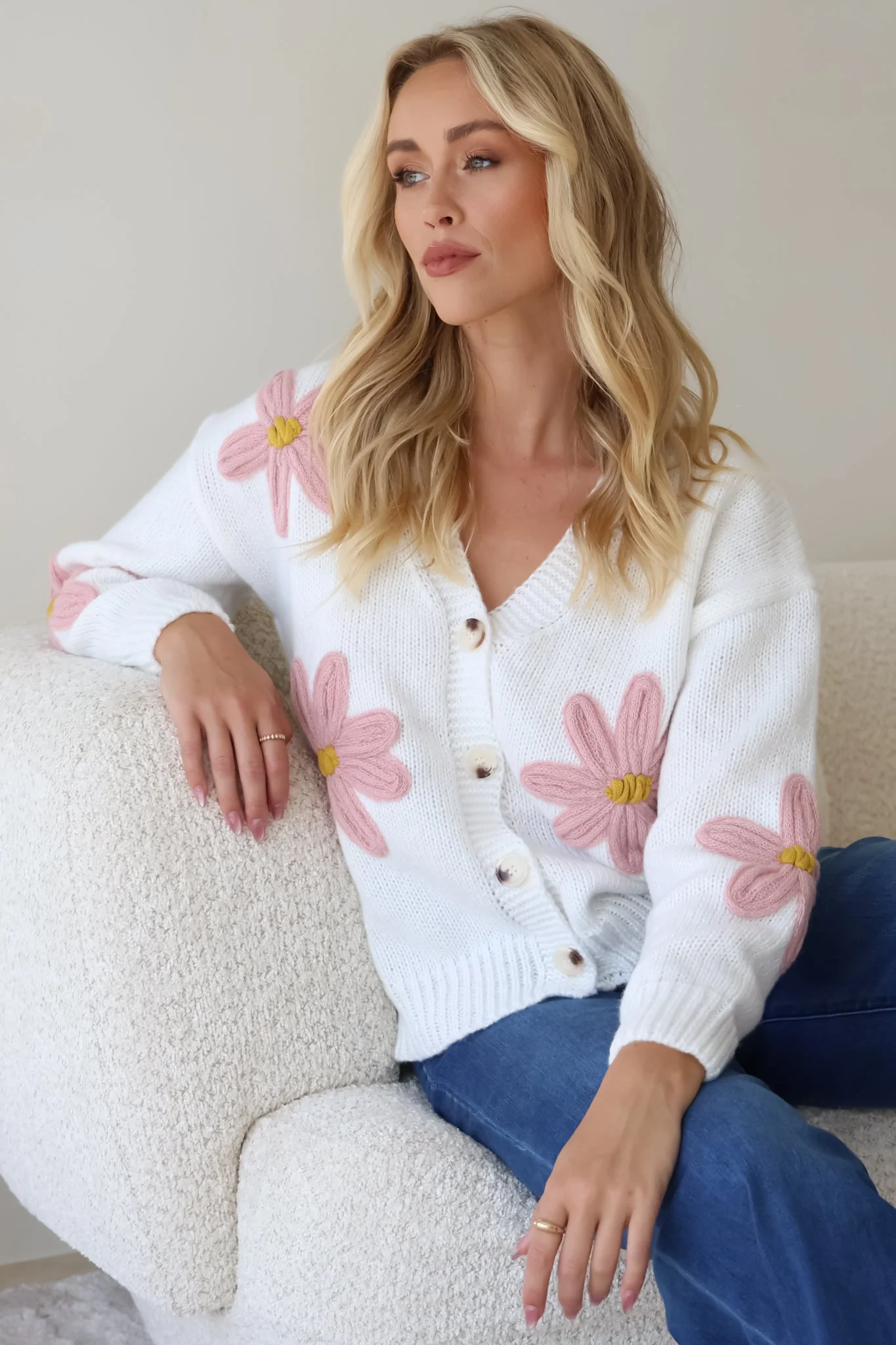 Daisy Belle Cardigan - Cropped Thick Knit Cardigan with Flower Decals in White - Image 6