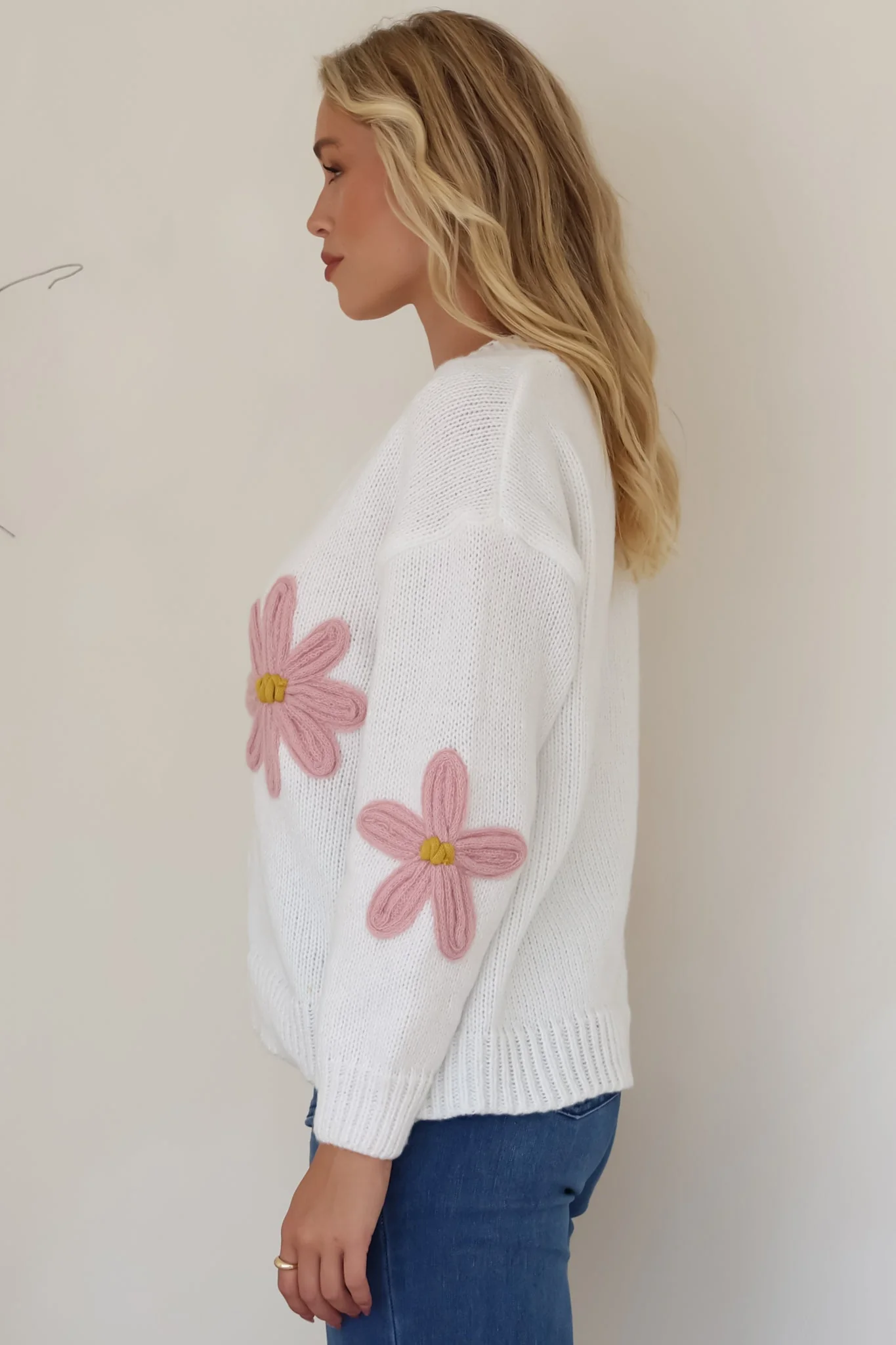 Daisy Belle Cardigan - Cropped Thick Knit Cardigan with Flower Decals in White - Image 7
