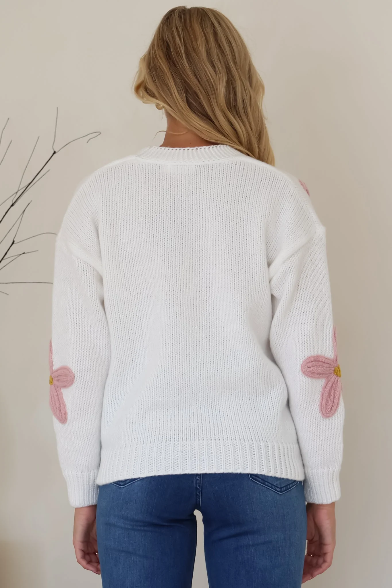 Daisy Belle Cardigan - Cropped Thick Knit Cardigan with Flower Decals in White - Image 8