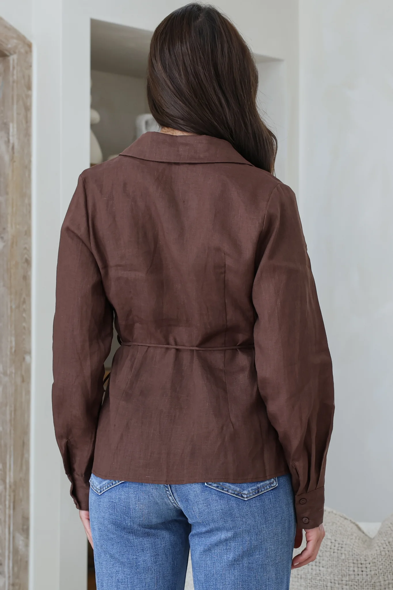 Daley Top - Wing Collar V Neck Wrap at the Waist Linen Top in Chocolate - Image 7