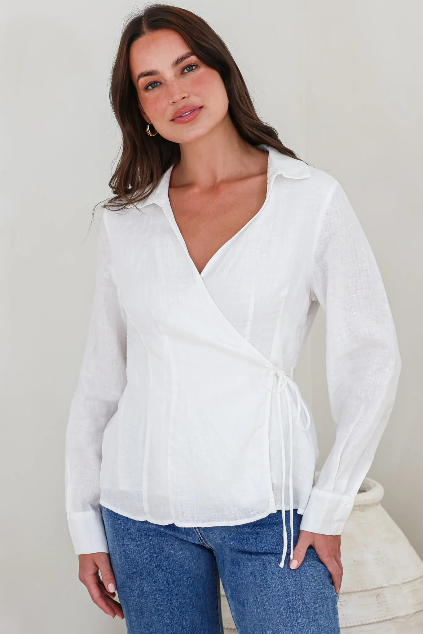 Daley Top - Wing Collar V Neck Wrap at the Waist Linen Top in White - Image 3
