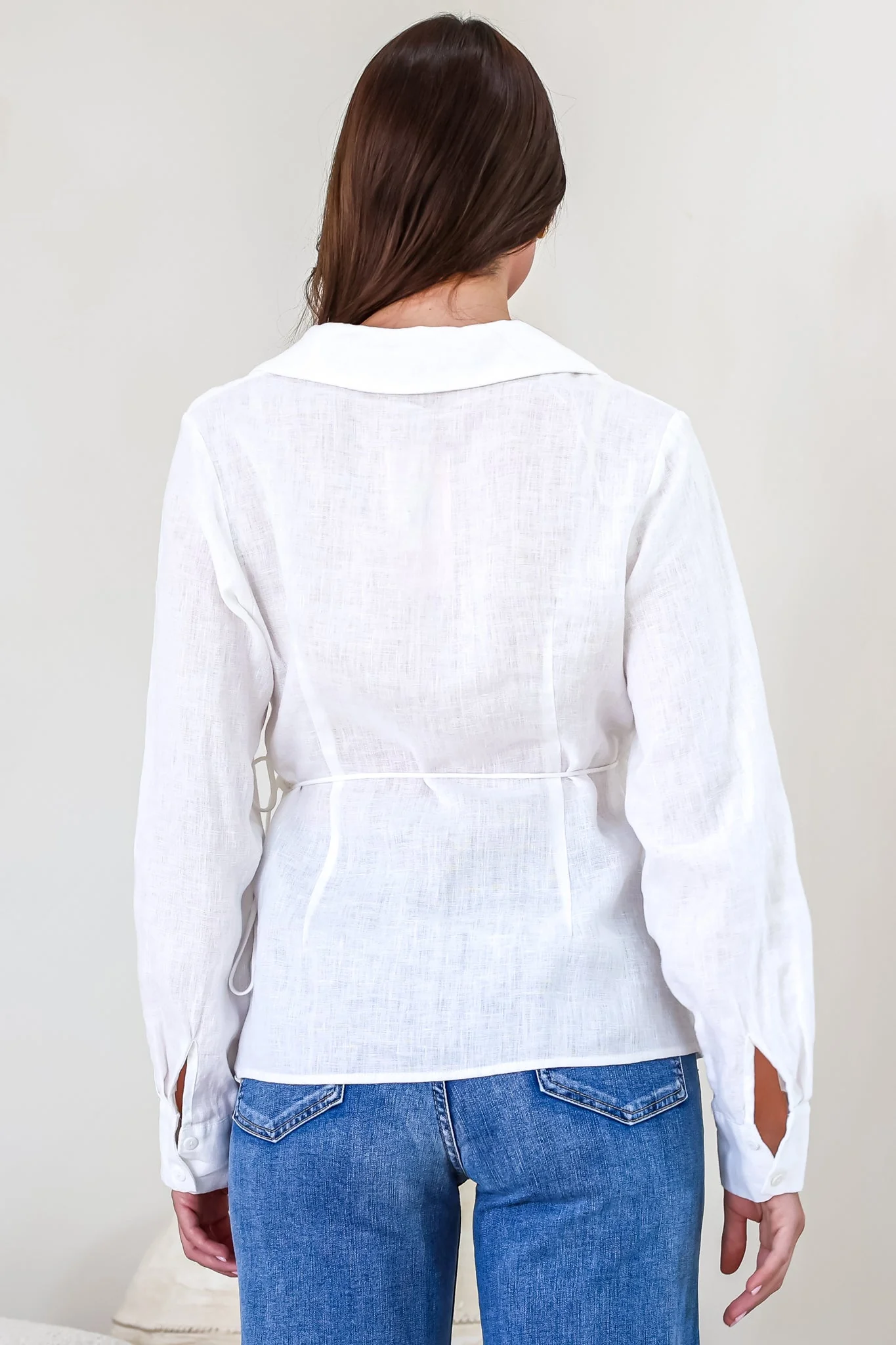 Daley Top - Wing Collar V Neck Wrap at the Waist Linen Top in White - Image 8