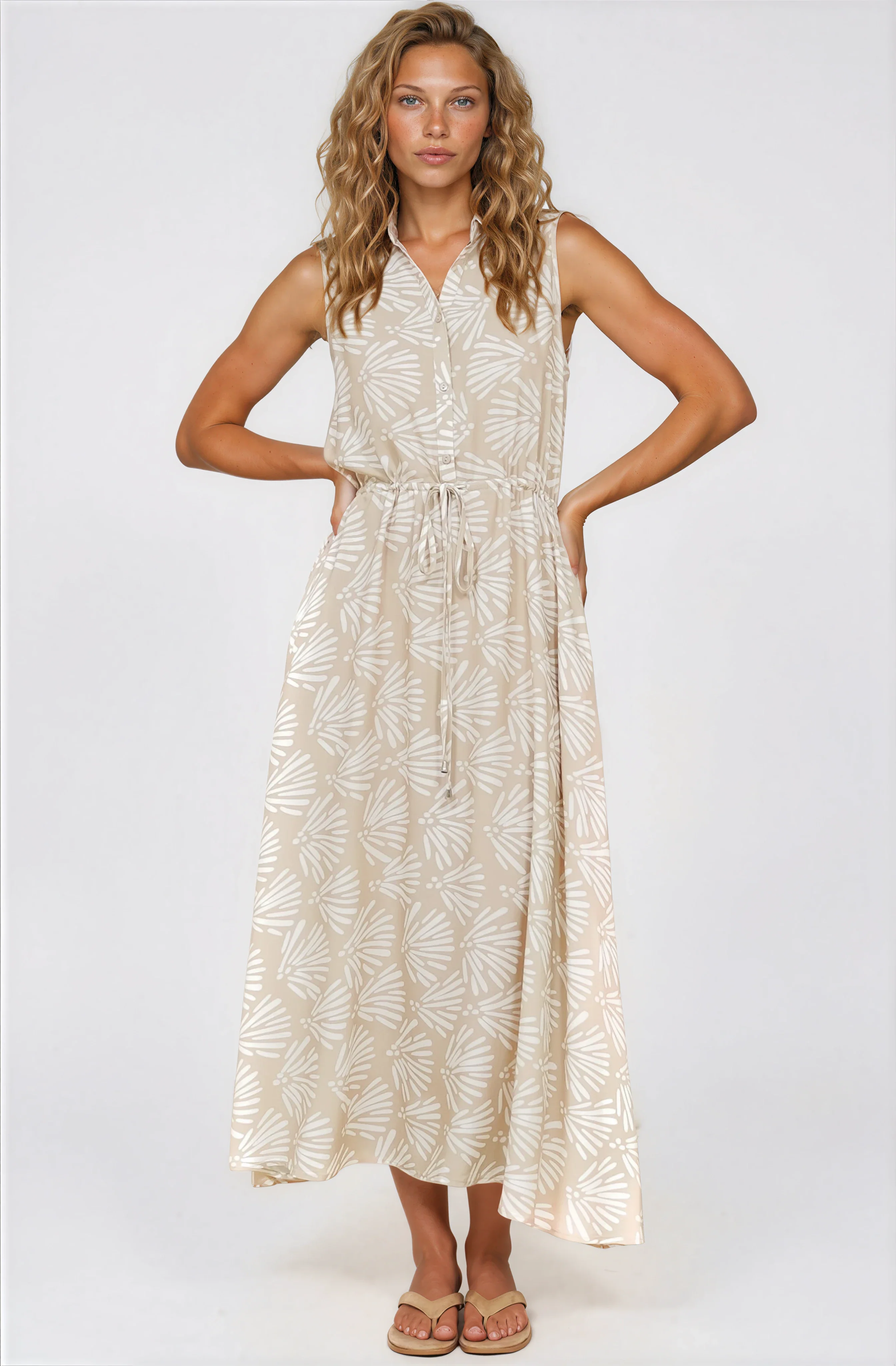 Danika Maxi Dress - Sleeveless Shirt Dress with Pull Waist Tie in Catia Print Beige - Image 2