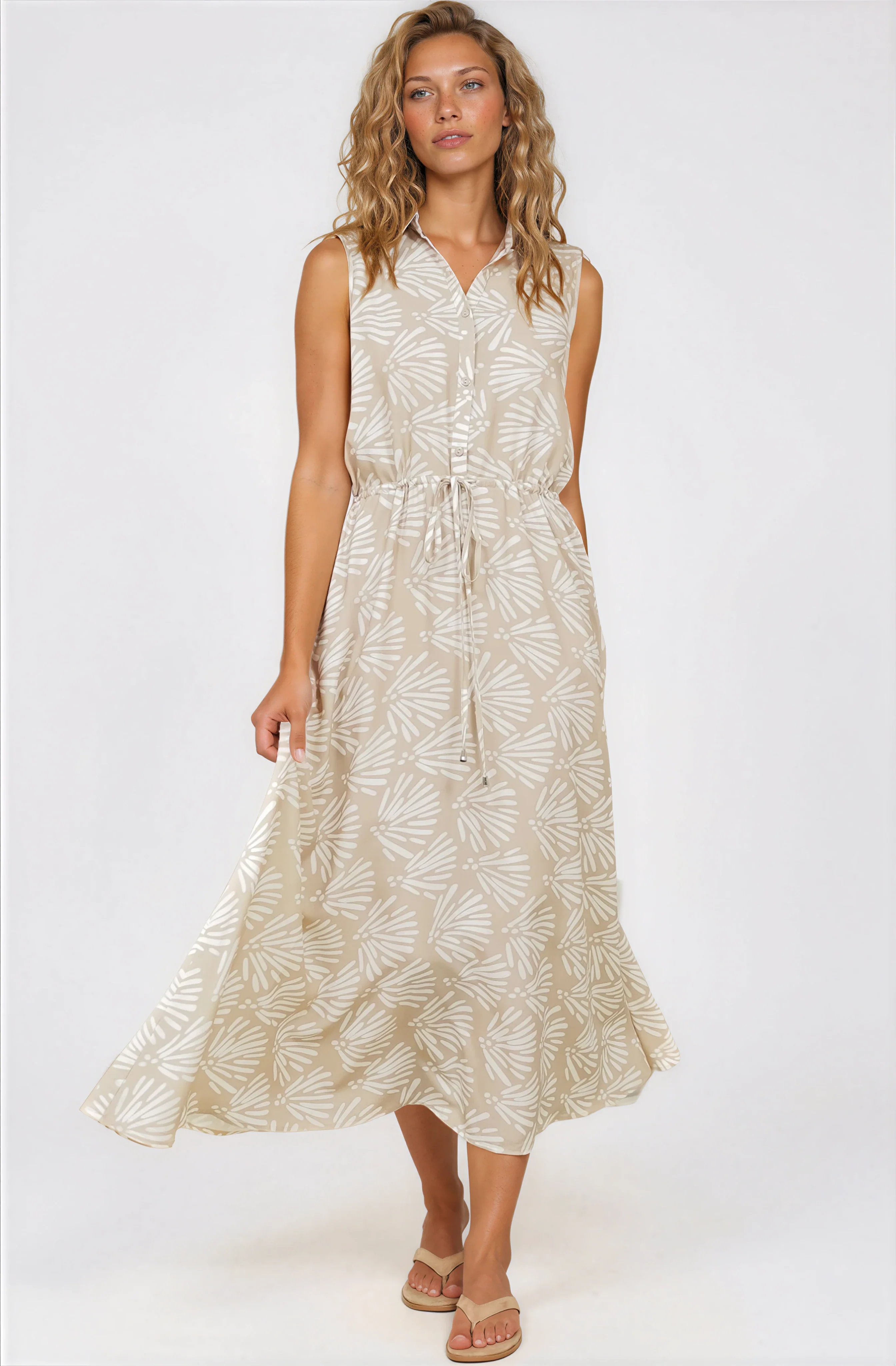 Danika Maxi Dress - Sleeveless Shirt Dress with Pull Waist Tie in Catia Print Beige - Image 3