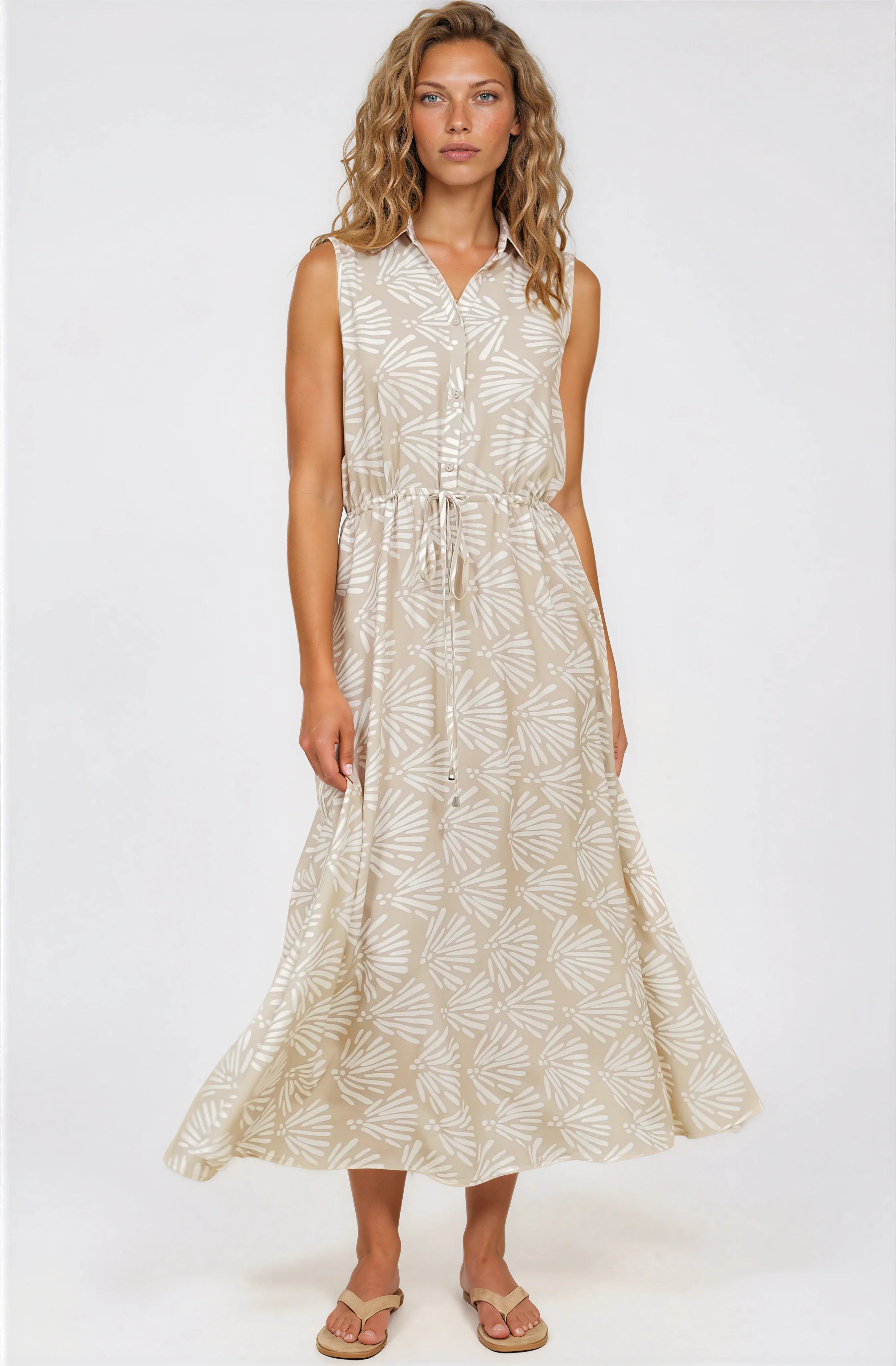 Danika Maxi Dress - Sleeveless Shirt Dress with Pull Waist Tie in Catia Print Beige - Image 4