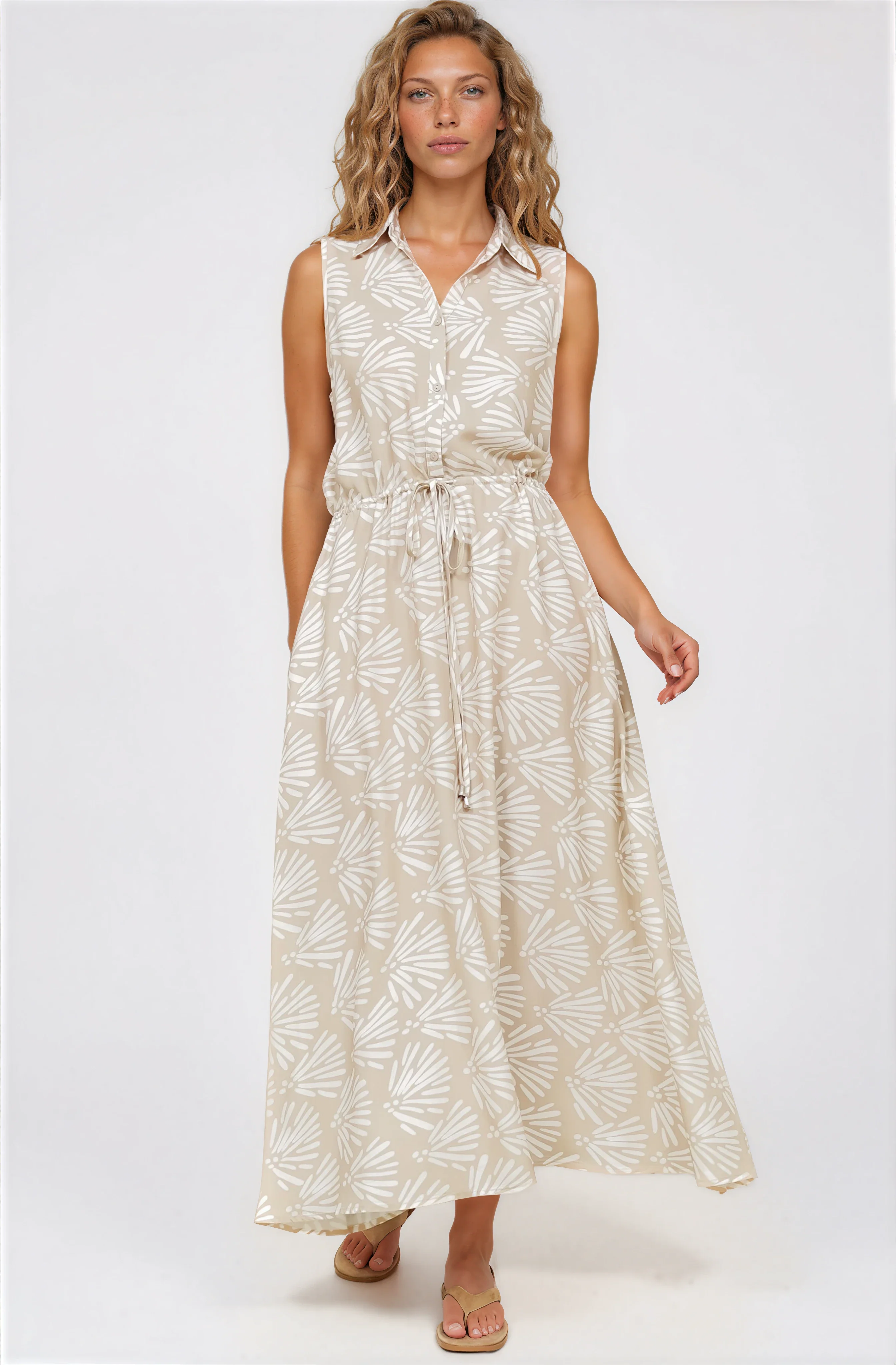 Danika Maxi Dress - Sleeveless Shirt Dress with Pull Waist Tie in Catia Print Beige - Image 5