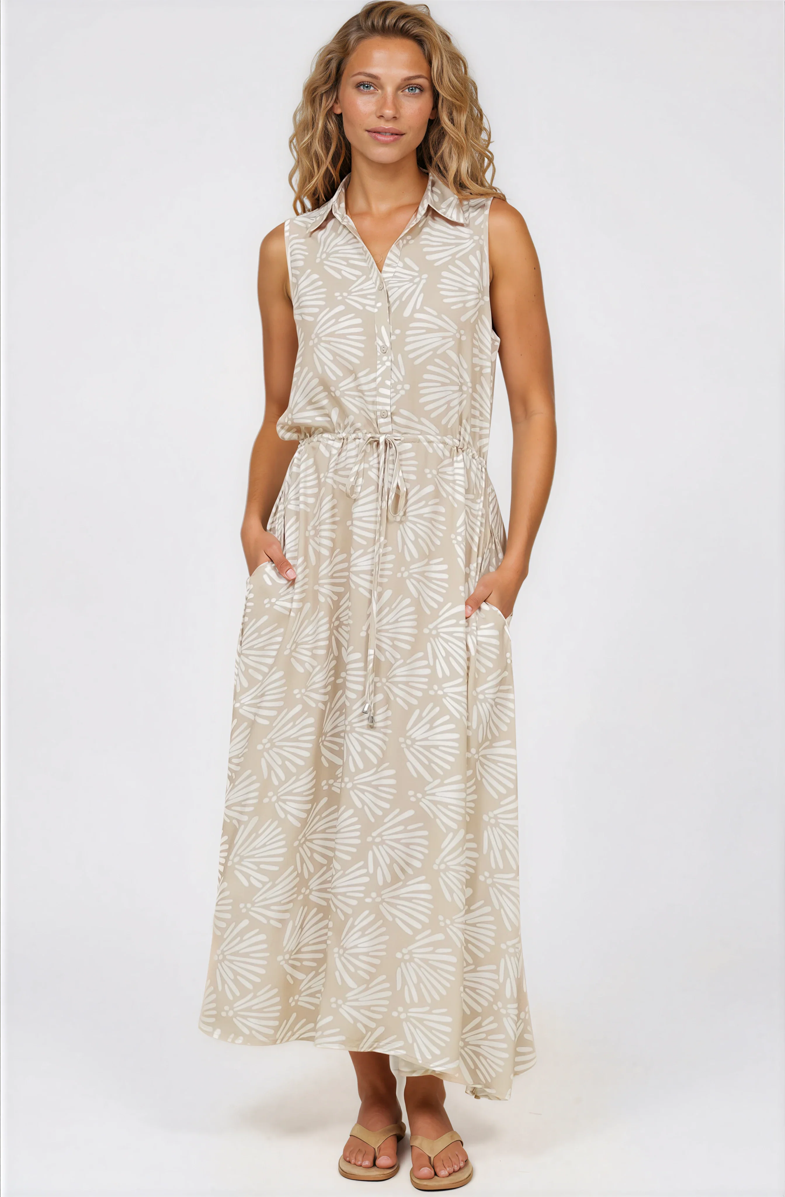 Danika Maxi Dress - Sleeveless Shirt Dress with Pull Waist Tie in Catia Print Beige - Image 6