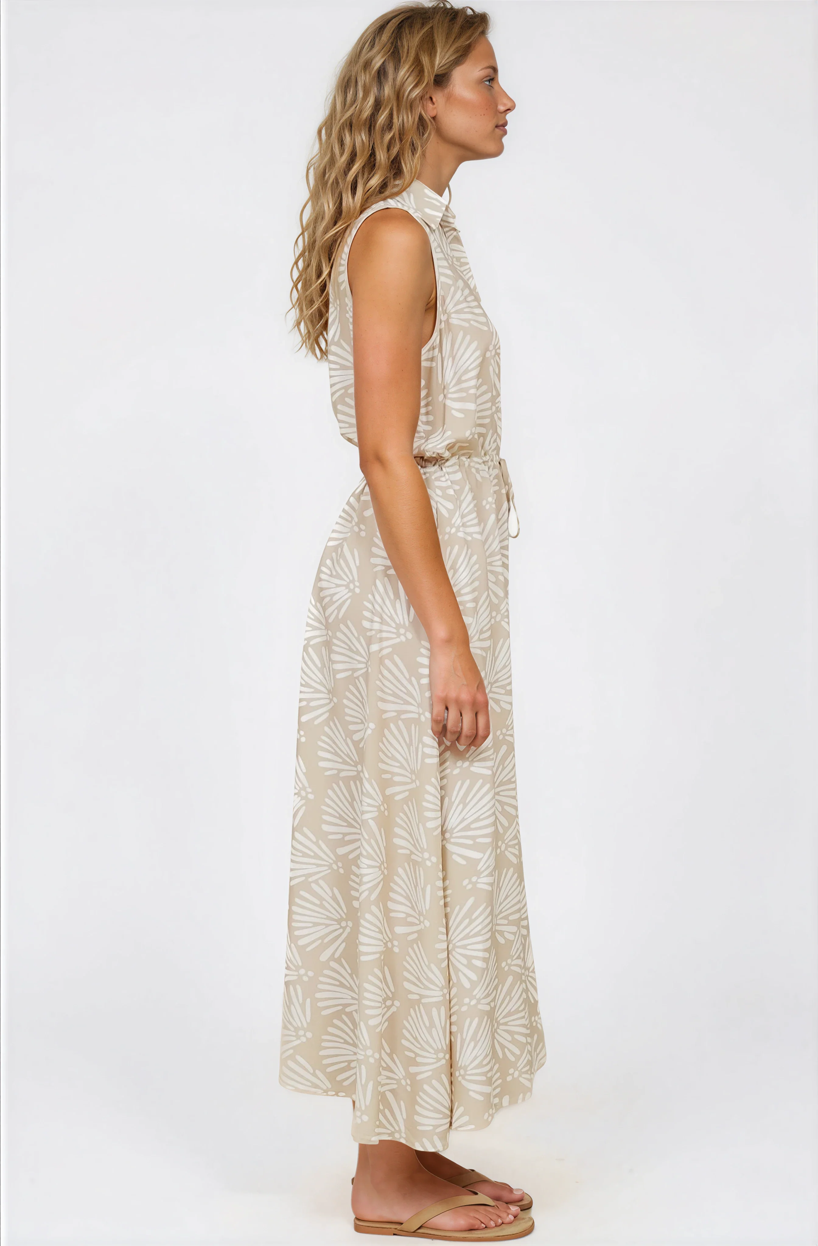 Danika Maxi Dress - Sleeveless Shirt Dress with Pull Waist Tie in Catia Print Beige - Image 7