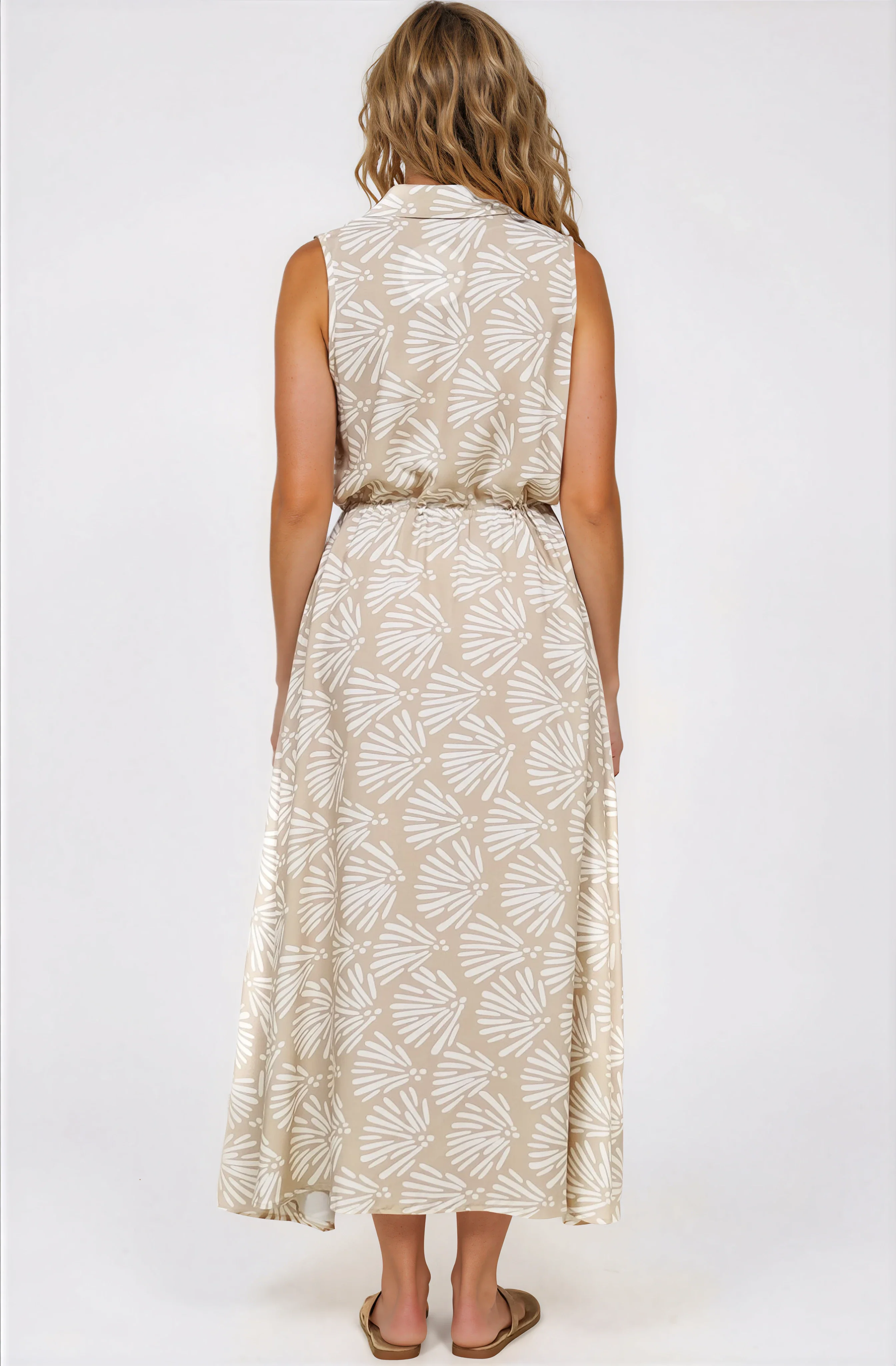 Danika Maxi Dress - Sleeveless Shirt Dress with Pull Waist Tie in Catia Print Beige - Image 8