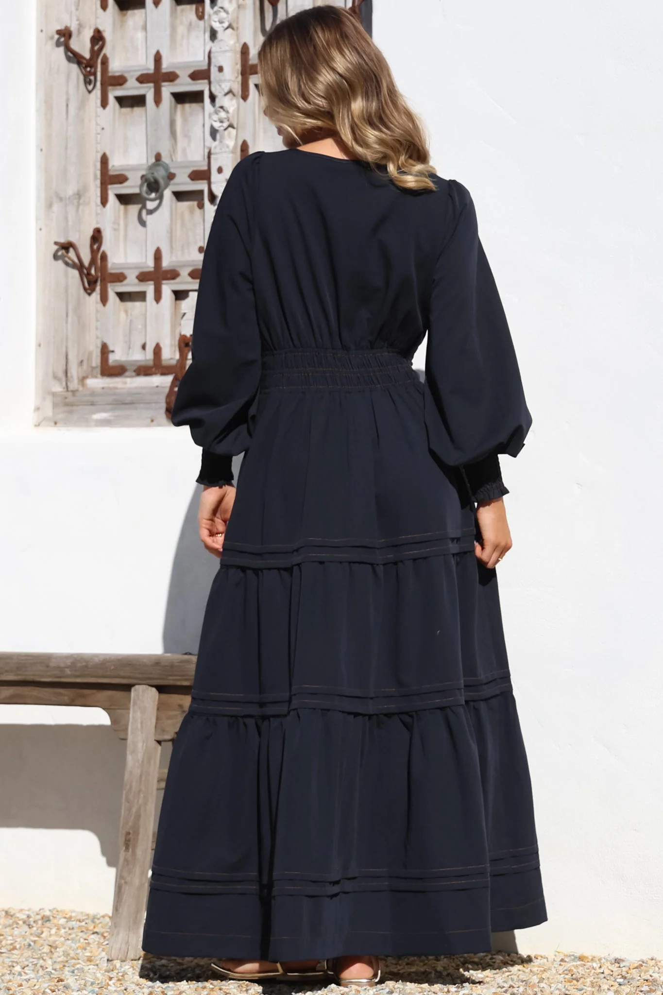 Dara Maxi Dress - Mandarin Collar Tiered Dress with Pockets in Navy - Image 10