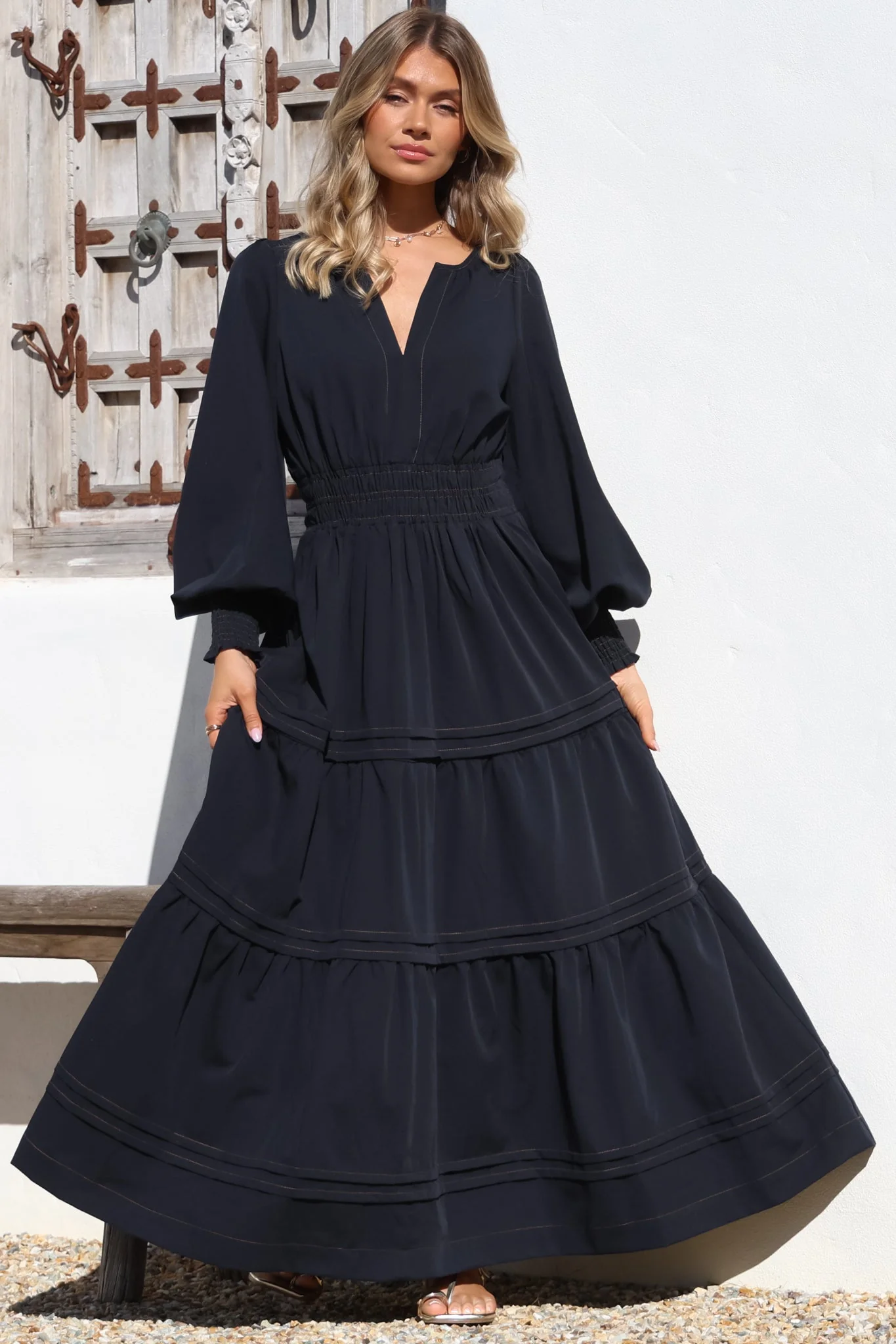 Dara Maxi Dress - Mandarin Collar Tiered Dress with Pockets in Navy - Image 2