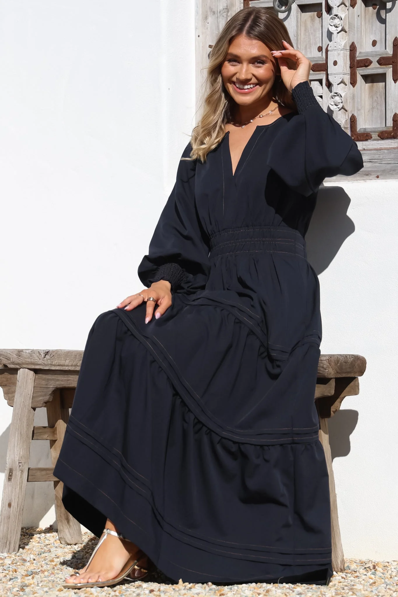 Dara Maxi Dress - Mandarin Collar Tiered Dress with Pockets in Navy - Image 4