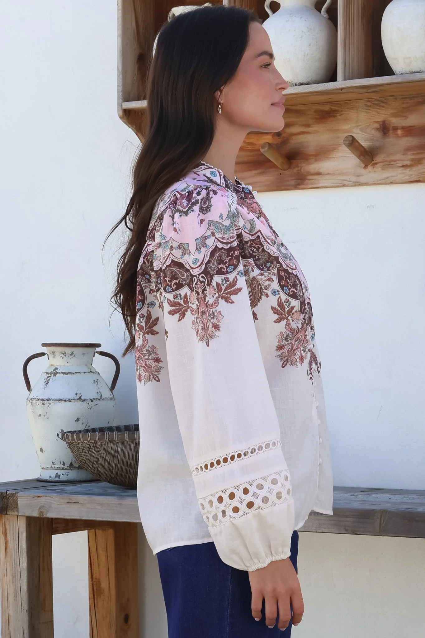 Daria Blouse - Mandarin Split Collar Button Down with Hollow Out Detail in Capricorn Print - Image 7