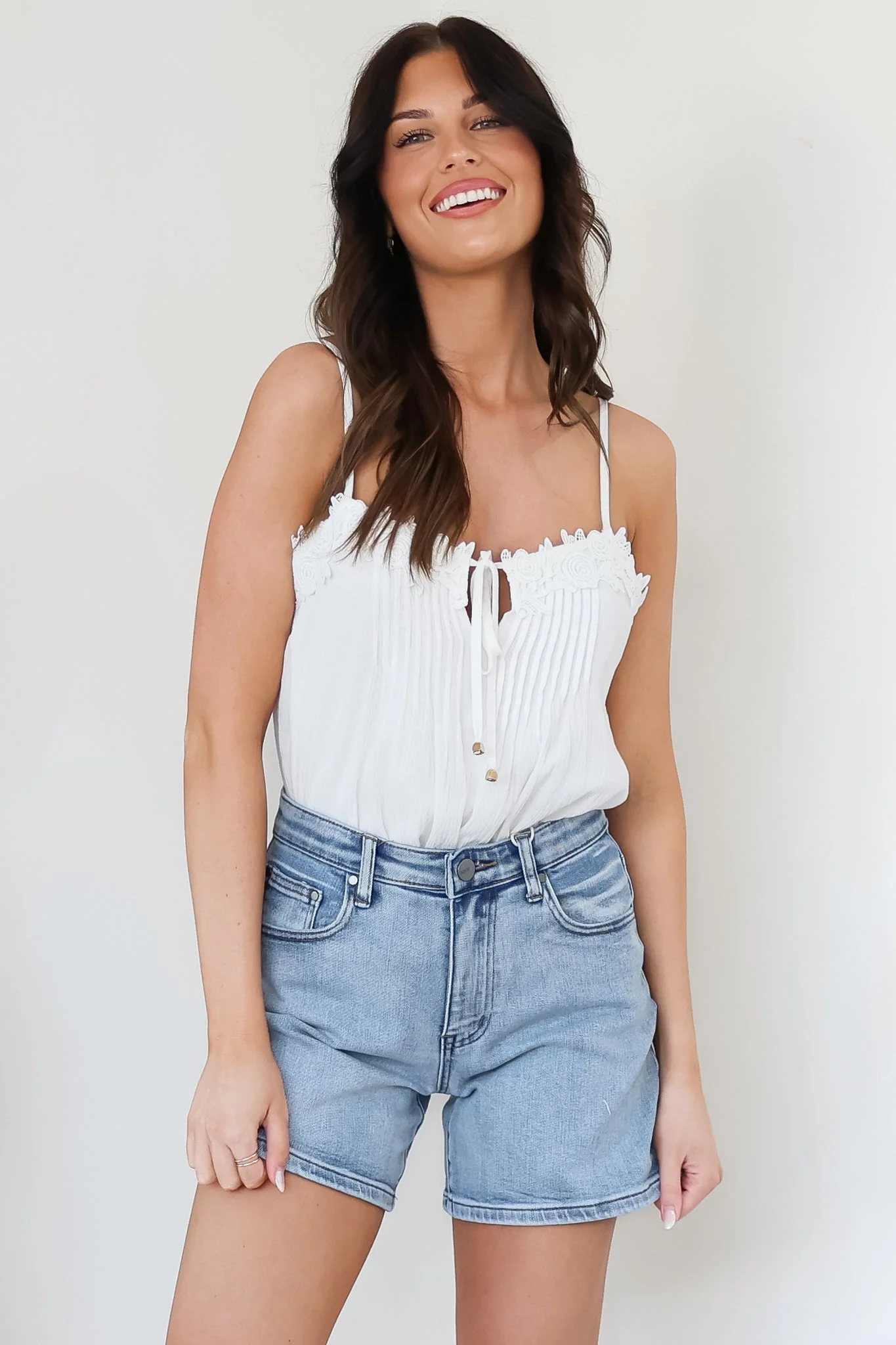 Davie Denim Shorts - High Waisted Straight Leg Shorts in Light Denim - Image 6